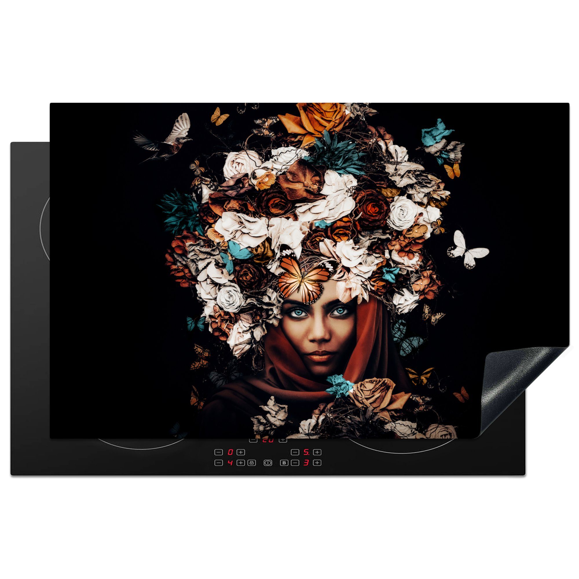 MuchoWow Herdblende-/Abdeckplatte Blumen - Schmetterling - Frauen - Kopftuch, Vinyl, (1 tlg), 81x52 cm, Ceranfeldabdeckung, Arbeitsplatte für küche