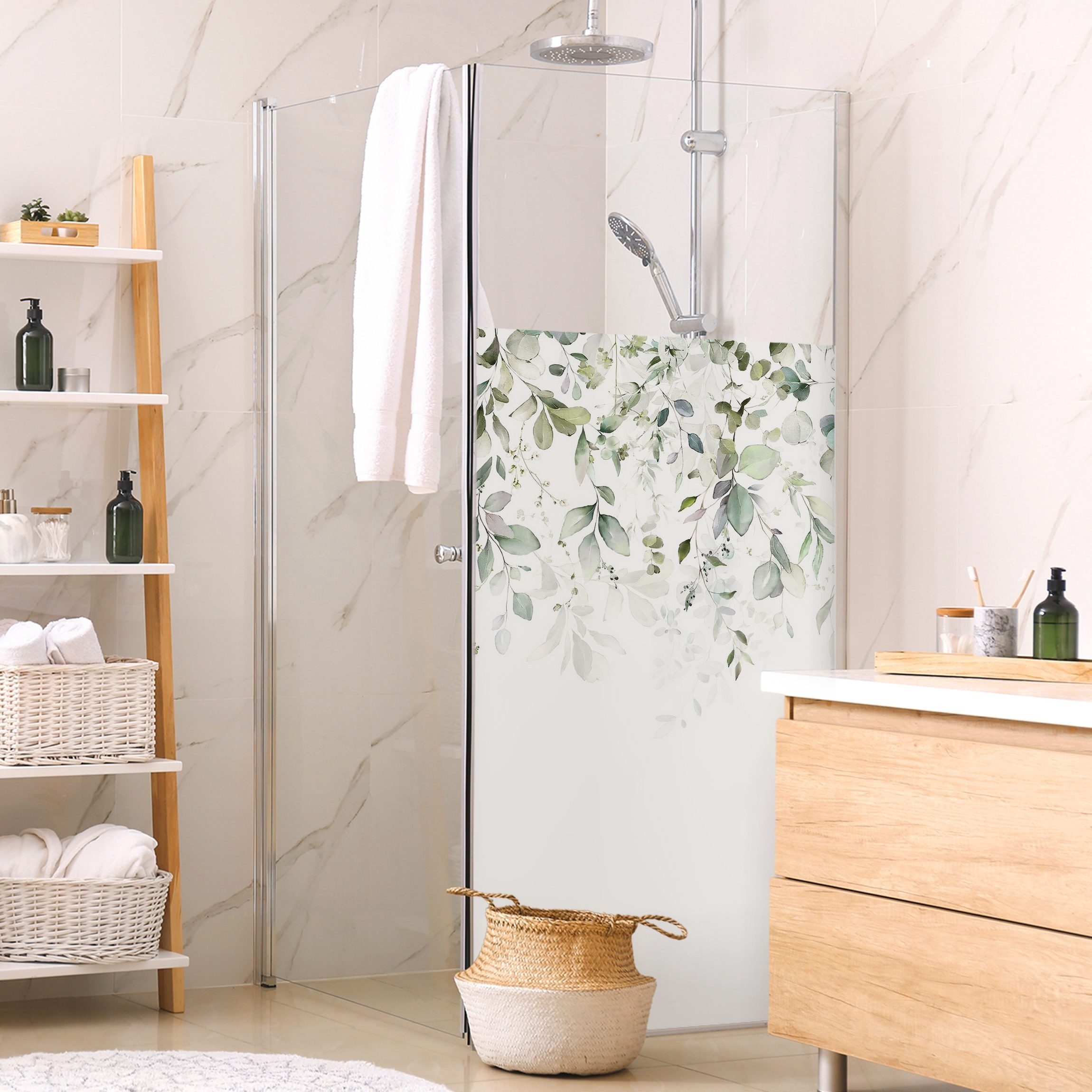Bilderdepot24 Sichtschutzfolie Dusche blickdicht statisch haftend Blätter- und Pflanzenmotiv, Statisch haftend, blickdicht, wasserfest, wiederverwendbar, ablösbar