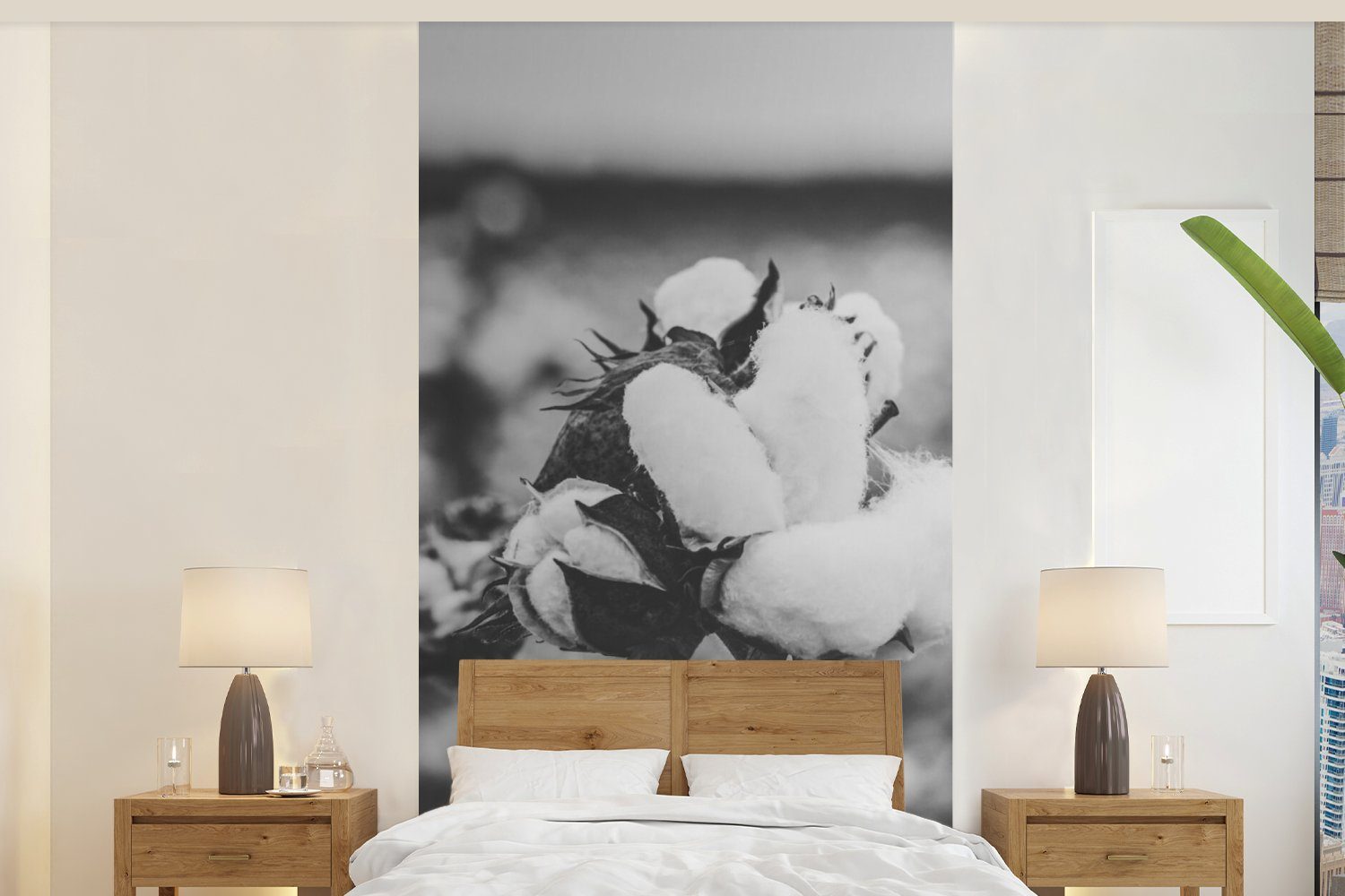 MuchoWow Fototapete Baumwolle - Pflanzen - Schwarz - Weiß, Matt, bedruckt, (2 St), Vliestapete für Wohnzimmer Schlafzimmer Küche, Fototapete