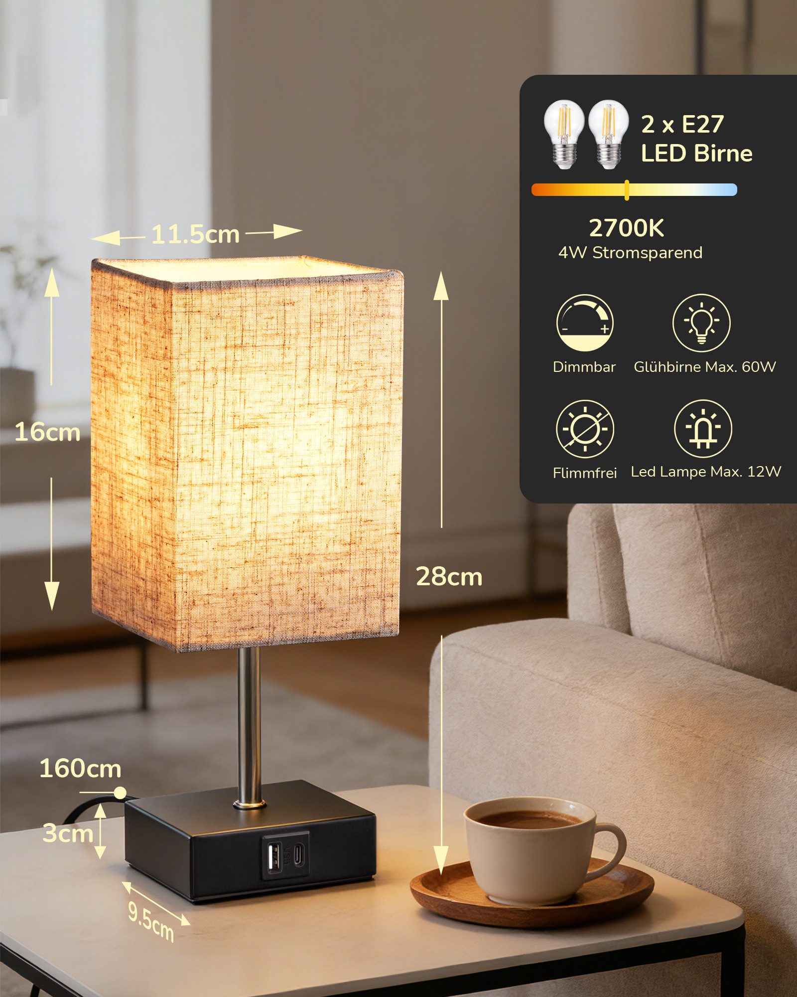 EDISHINE LED Nachttischlampe 2er-Set Schreibtischlampe Touch Dimmbar, Tischleuchten mit USB, LED wechselbar, warmweiß, kleine Tischlampe mit Ladefunktion für Fe – Bild 5 von 5