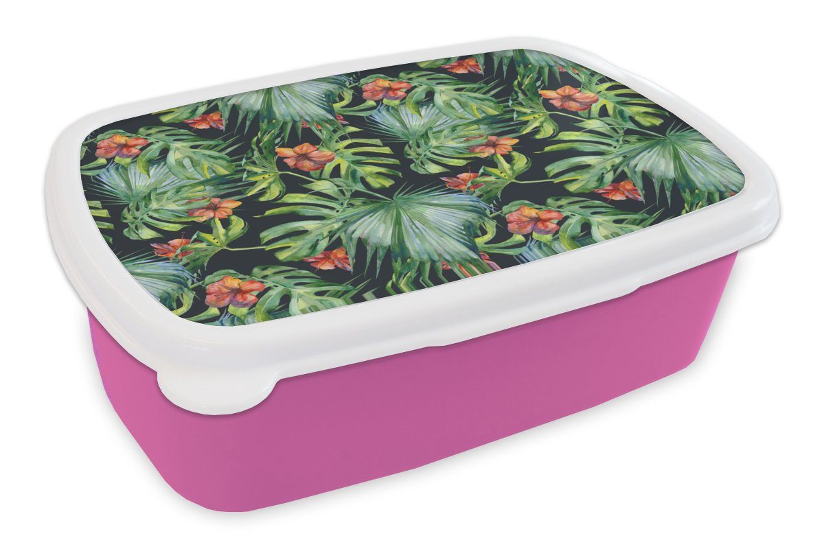 MuchoWow Lunchbox Monstera - Dschungel - Blätter, Kunststoff, (2-tlg), Brotbox für Erwachsene, Brotdose Kinder, Snackbox, Mädchen, Kunststoff rosa