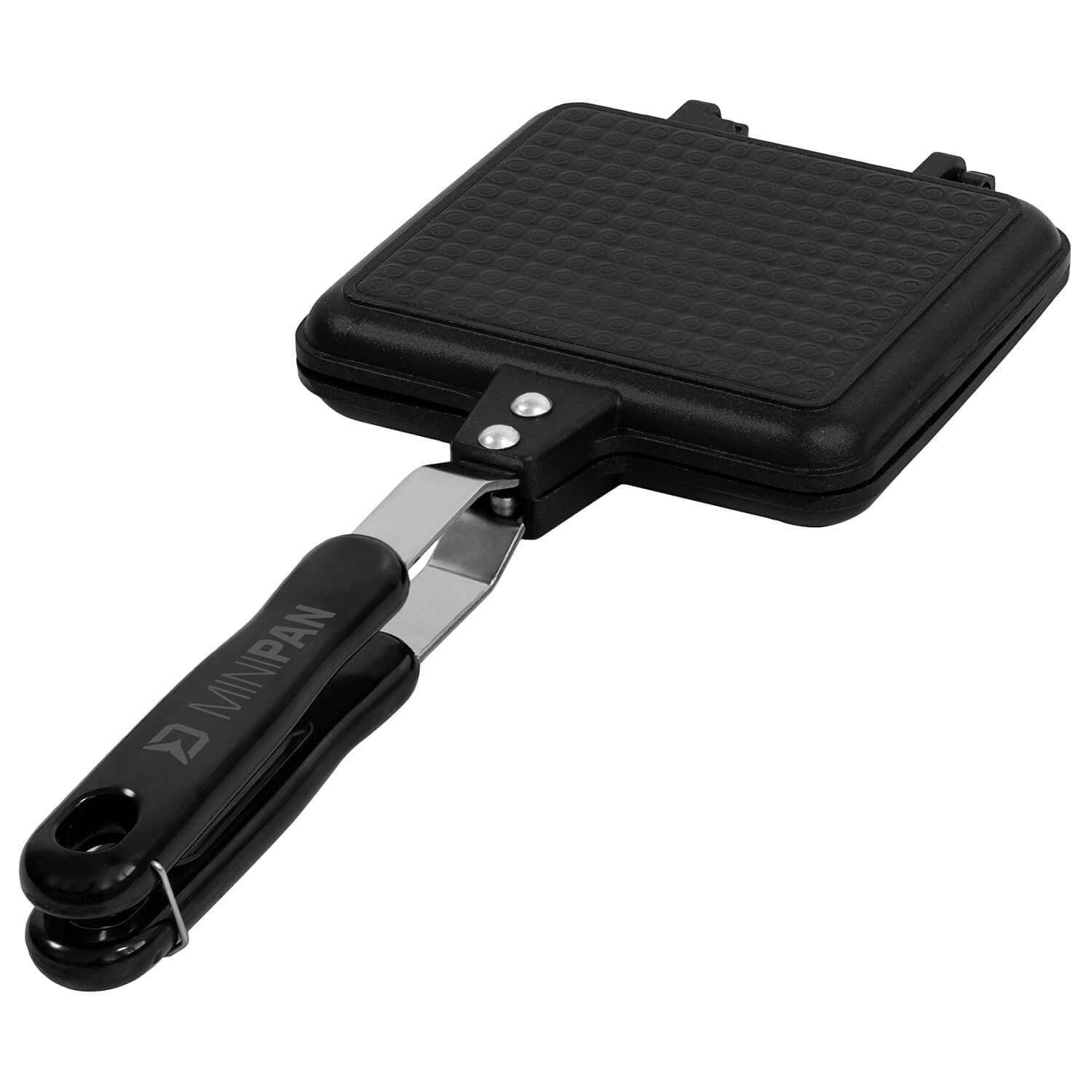 Delphin.sk Grillpfanne Delphin MiniPan Camping Sandwich Pfanne, Aluminium (1-tlg), Außenmaße der Pfanne: 15x14x3 cm, Innenmaße der Pfanne: 14x12,5 cm, Länge des Griffs: 20 cm, Gesamtabmessungen mit Griff: 35x14,5x3 cm, Hitzebeständiger Griff, Sicheres Verriegelungssystem