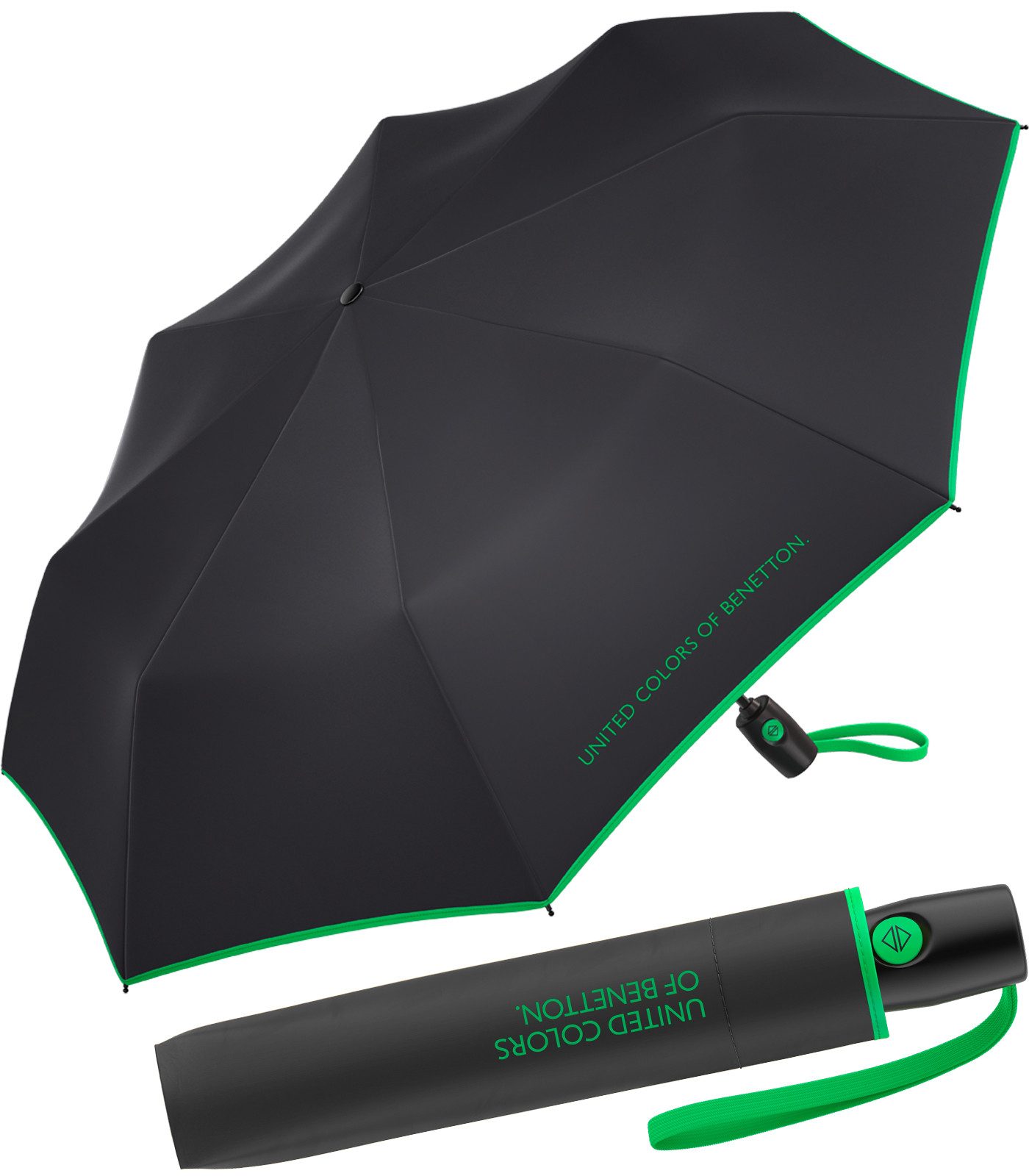 United Colors of Benetton Taschenregenschirm für Damen Up & Down mit Auf-Zu-Automatik, praktisch, leicht, mit farbigem Einfassband