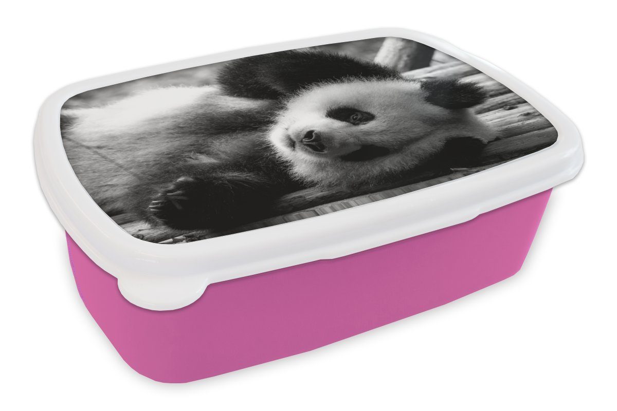 MuchoWow Lunchbox Tierprofil rollenden Panda in schwarz und weiß, Kunststoff, (2-tlg), Brotbox für Erwachsene, Brotdose Kinder, Snackbox, Mädchen, Kunststoff rosa