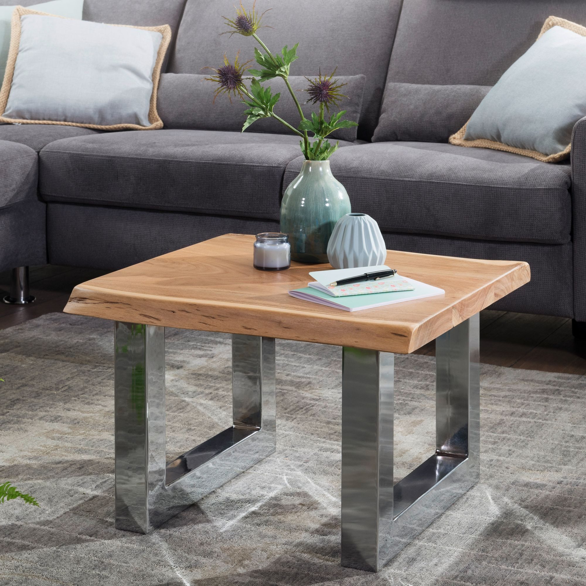 FINEBUY Couchtisch FB49684 Akazie Wohnzimmertisch Holz Massiv Baumkante Sof günstig online kaufen