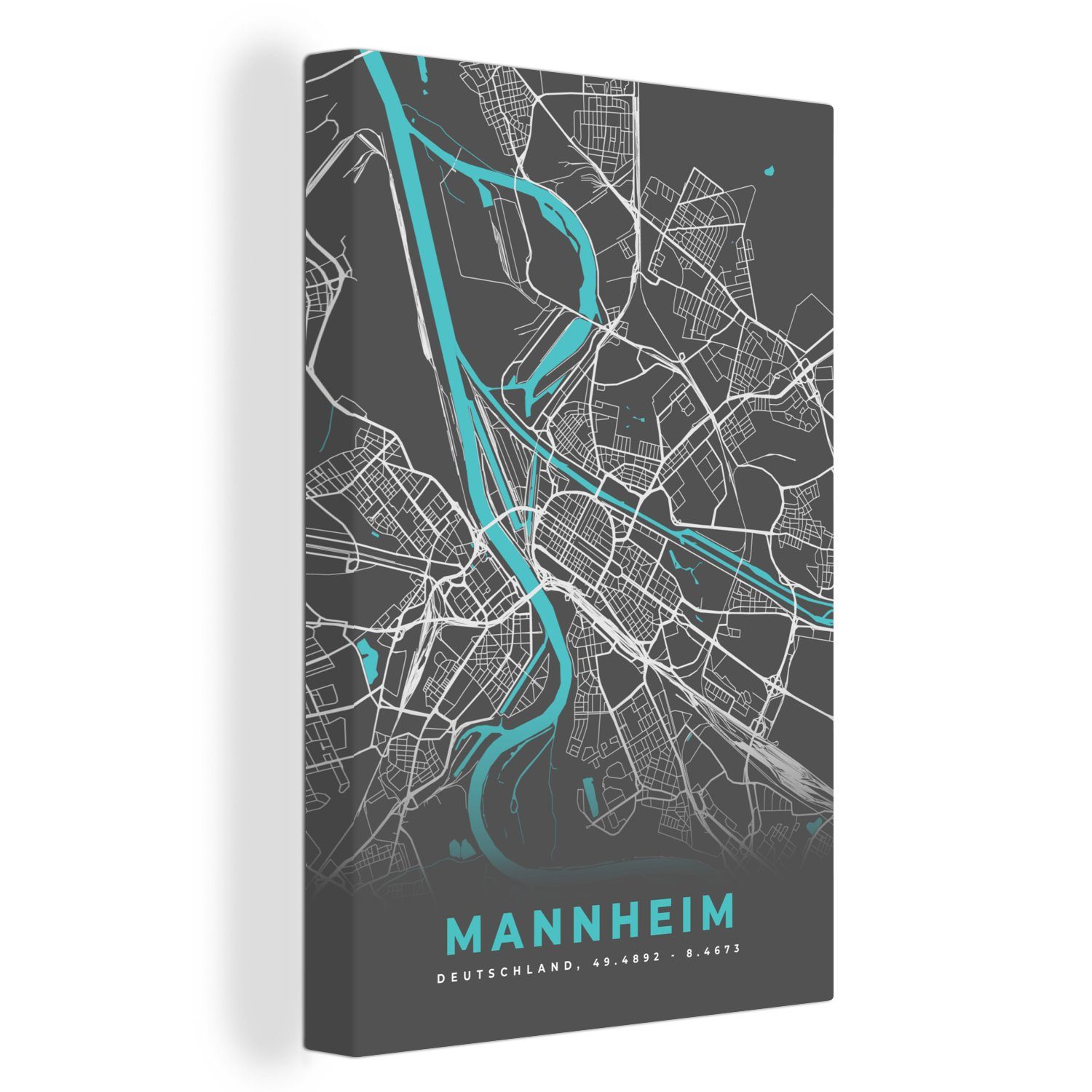 Mannheim - inkl. Gemälde, (1 Karte, bespannt Blau fertig Leinwandbild 20x30 cm Deutschland St), Stadtplan - Leinwandbild - Zackenaufhänger, OneMillionCanvasses® -