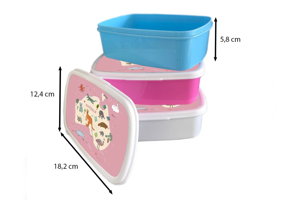 Mädchen, Snackbox, Lunchbox Brotdose Kinder, Weltkarte Kunststoff, Mädchen MuchoWow Erwachsene, Kinder, Australien - rosa - - - Kinder Brotbox - (2-tlg), für Tiere Kunststoff