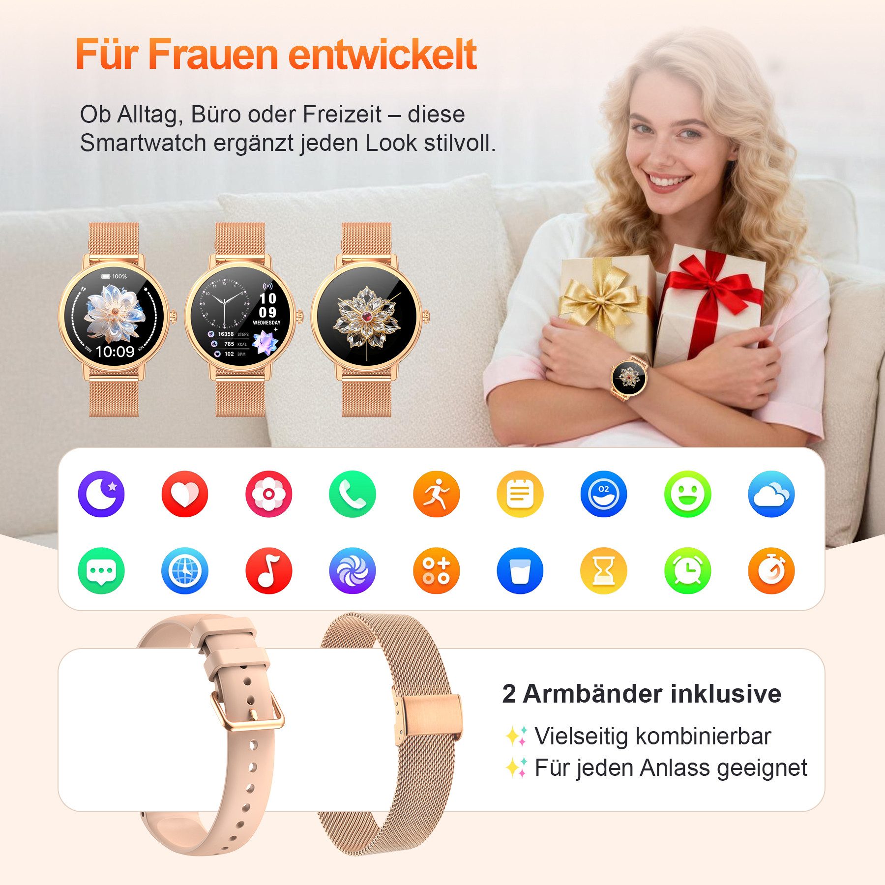 blackview Smartwatch X30 1,26″ für Damen mit Telefonfunktion undFitness-Tracking Smartwatch (4 cm/1.26 Zoll, iOS/Android) Set, mit Wechselband aus weichemSilikon und Ladekabel, 5 Tage Akkulaufzeit/2 Armbänder/HF&SpO₂& Blutdruck/100+ Sportmodi,IP68