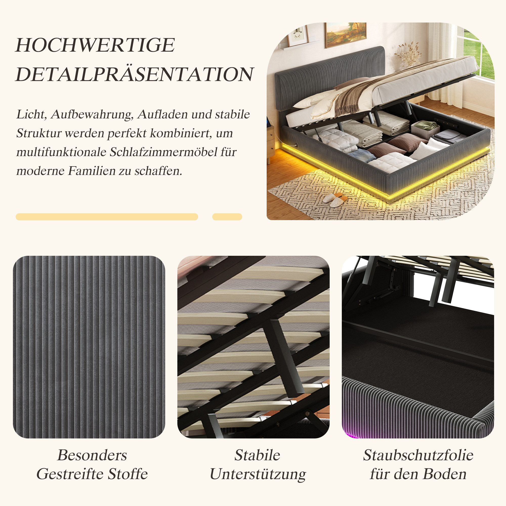 TavilaEcon Boxspringbett Moderne Polsterbetten mit LED-Beleuchtung und USB-C-Ladefunktion (1-St), mit höhenverstellbarem Kopfteil, Cord-Stoff, stabilem Lattenro – Bild 5 von 5