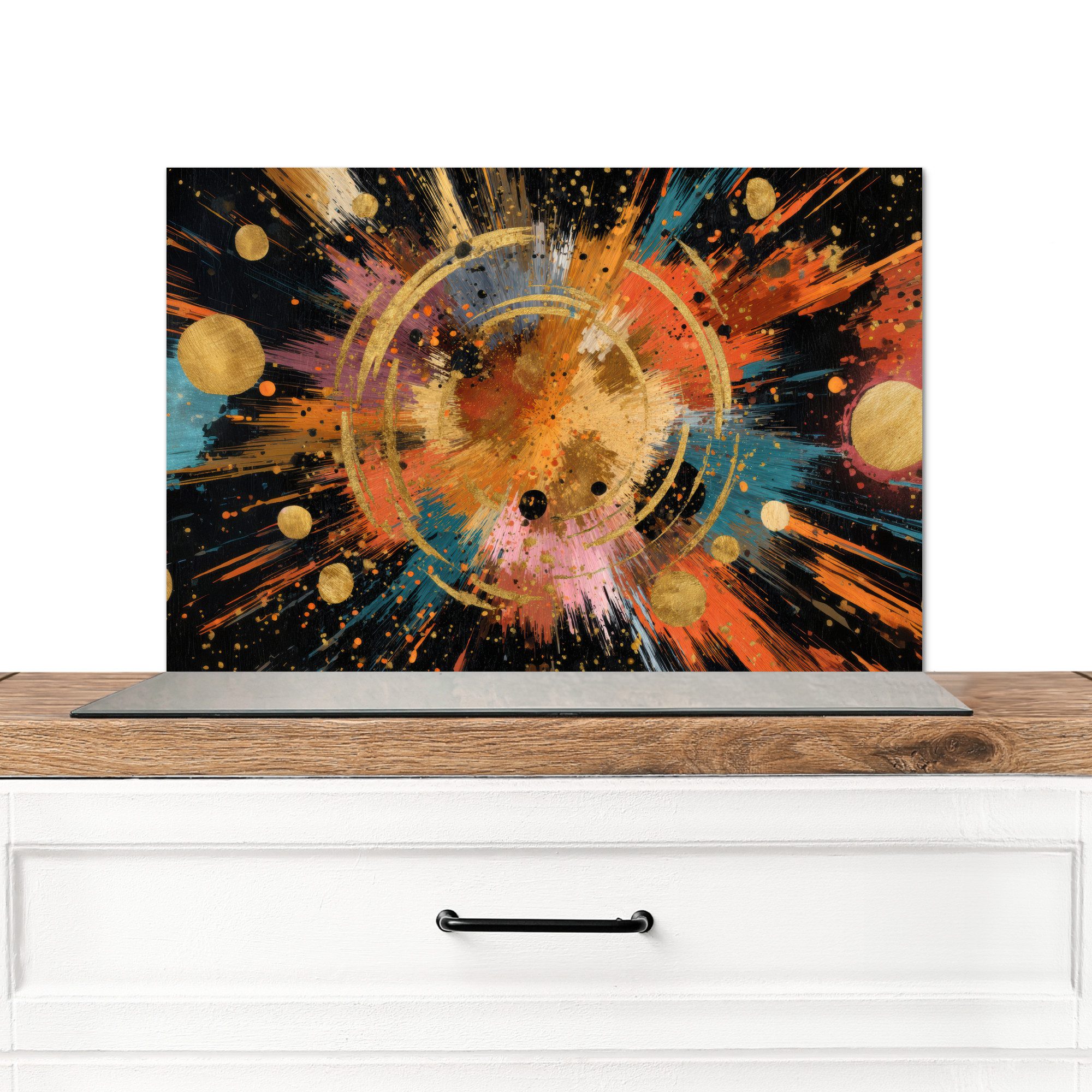 KitchenYeah Küchenrückwand Explosion - Farbtextur - Gold - Abstrakt, (1-tlg), Spritzschutz Küche, Küchendeko, 60x40 cm