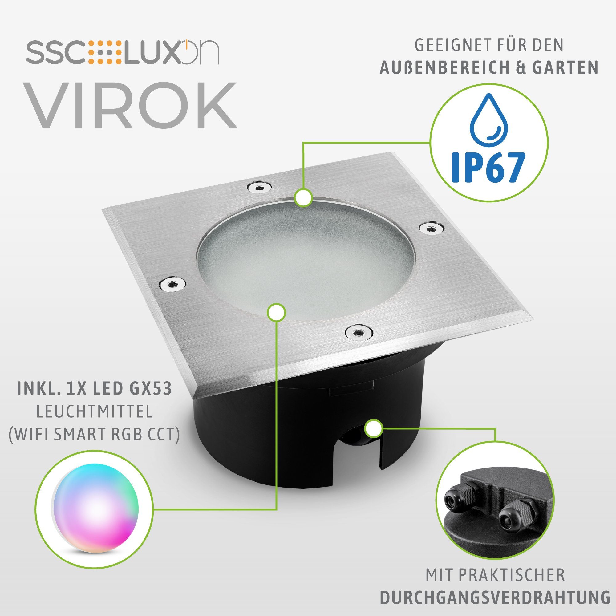 Bodeneinbauleuchte flach VIROK SSC-LUXon Gartenstrahler LED WLAN IP67 RGB GX53, RGB LED mit eckig