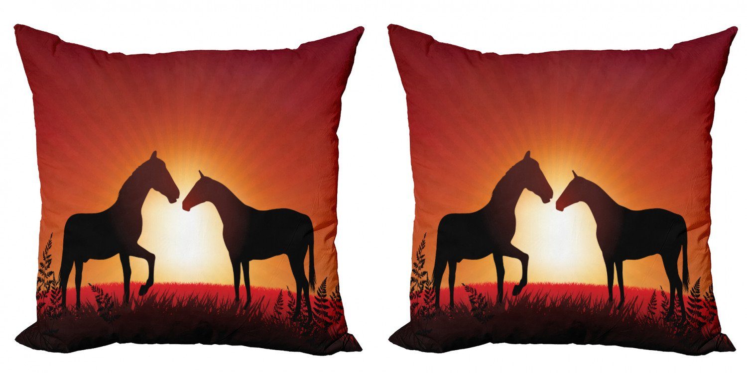 Stück), Modern Doppelseitiger Silhouette auf Kissenbezüge Digitaldruck, Sonnenuntergang und Abakuhaus Orange Pferde Accent (2 Schwarz
