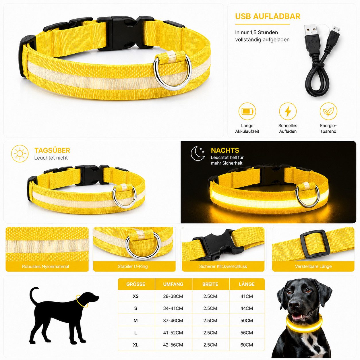 FroShop Hundehalsbandleuchte LED Hundehalsband USB aufladbar (S/M/L/XL) Leuchthalsband Nylon, LED fest integriert, verschiedene Farben, Akku Halsband reflektierend verstellbar Blinkhalsband für Hunde