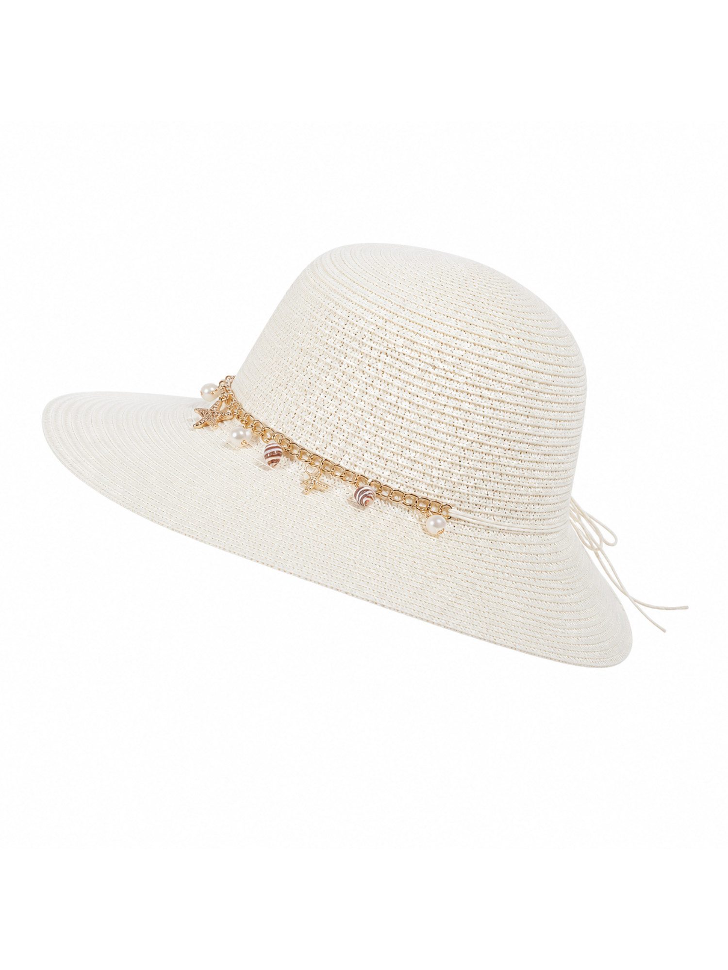 Brise Textil Sonnenhut Damen Sonnenhut mit Schmuckband und Zierperlen, Sommerhut aus Papier Dekoratives Schmuckband, Perlen und Sternanhänger, Breite Sonnenkrempe