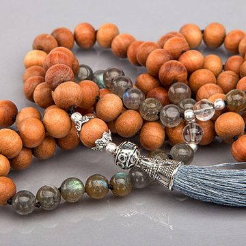 bodhi Perlenarmband Mala Labradorit, Bergkristall & Holzperlen, Sandelholzduft, 108 Perlen