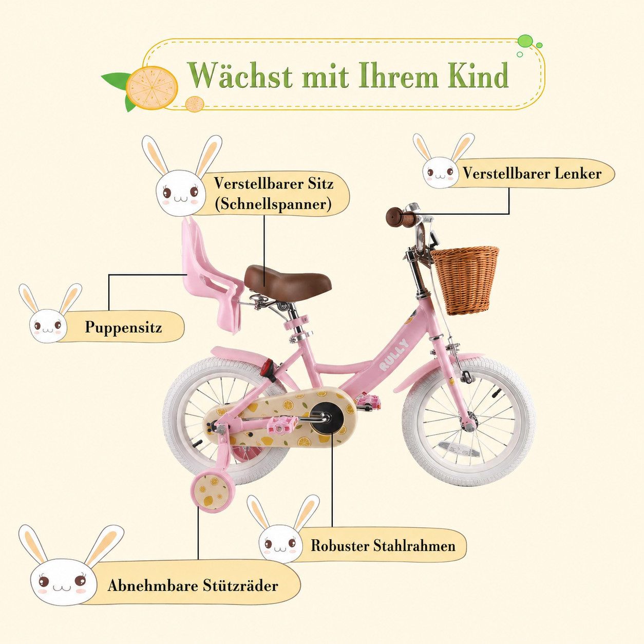 RULLY Kinderfahrrad Kinderfahrrad für Mädchen 12/14/16 Zoll, 2–7 Jahre, 1 Gang, Mit Lenkerkorb, Puppensitz und abnehmbaren Stützrädern