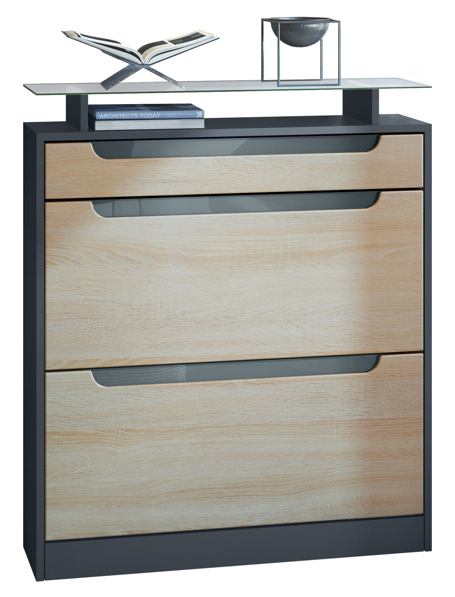 Vladon Schuhschrank Fiesta (Schuhkipper für 16 Paar Schuhe, mit 2 Klappen, Schublade und Glasablage) Anthrazit matt/Eiche sägerau, Mulden in Grau Hochglanz (89x104x23 cm)
