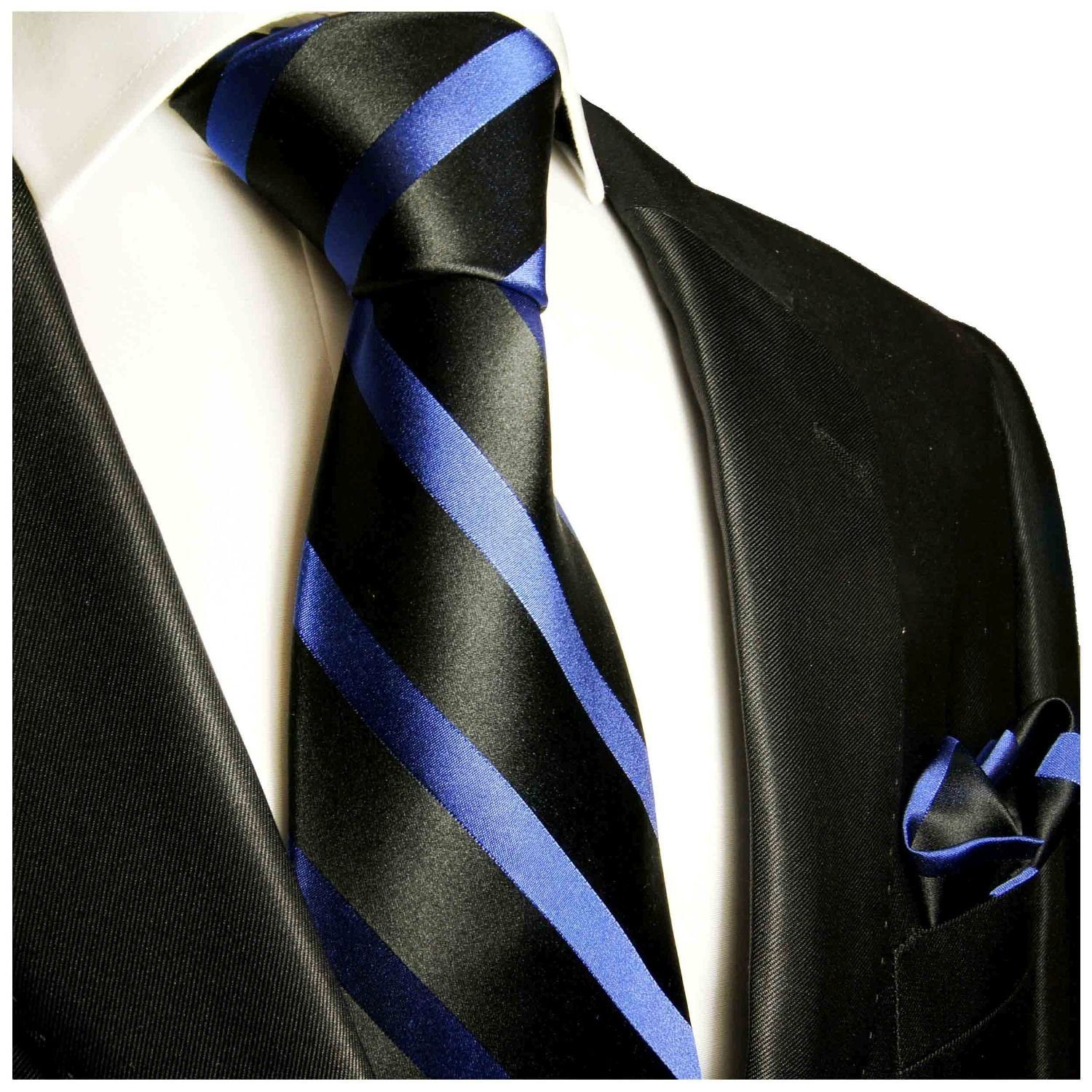 gestreift (8cm), 2-St., Tuch blau Krawatte Seide Seidenkrawatte Einstecktuch) mit schwarz Breit Krawatte (Set, mit Malone Herren 295 modern Paul 100%