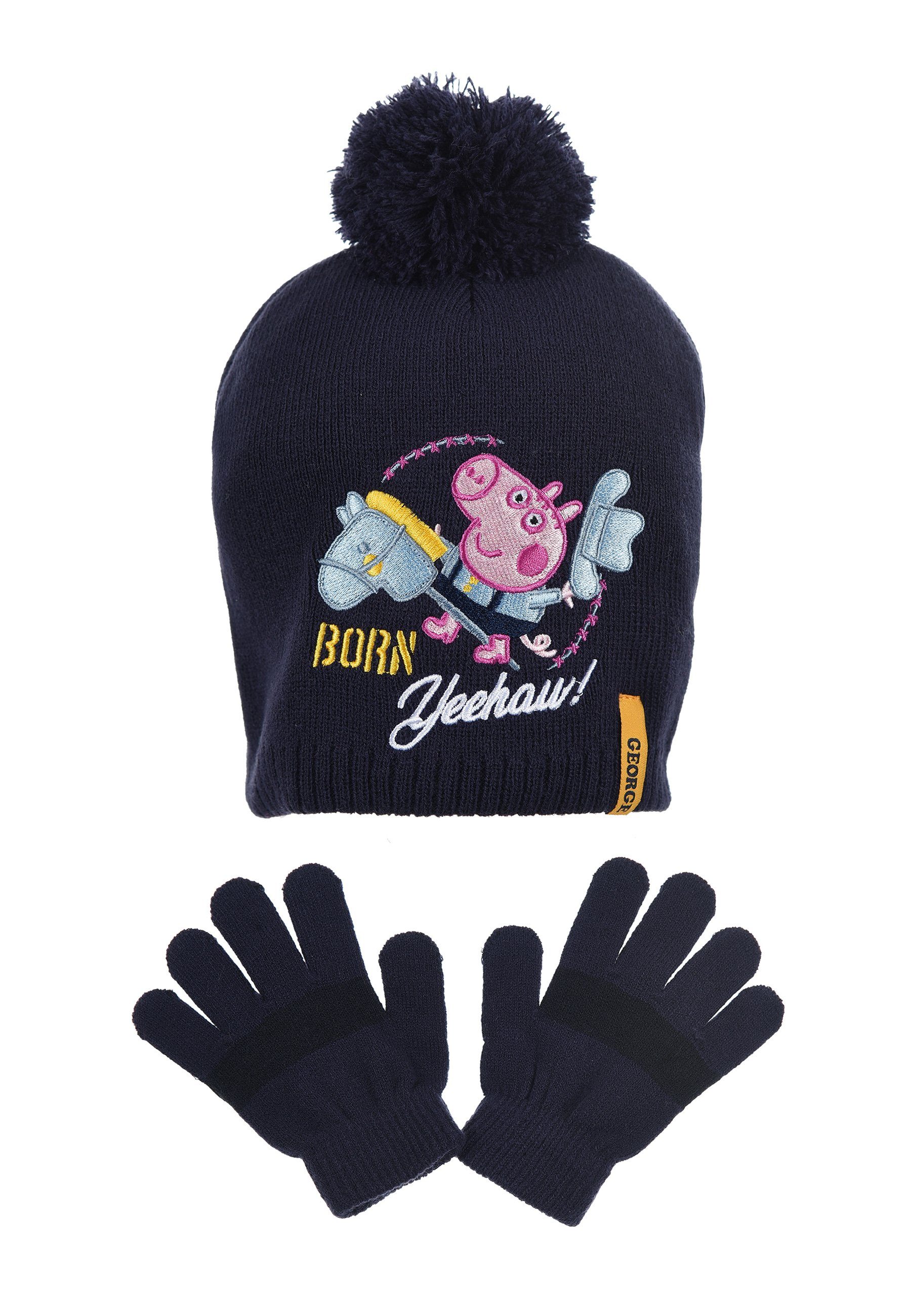 Peppa Pig Bommelmütze Peppa Wutz Kinder Mädchen Jungen Winter-Set Winter-Mütze Handschuhe (SET) Blau