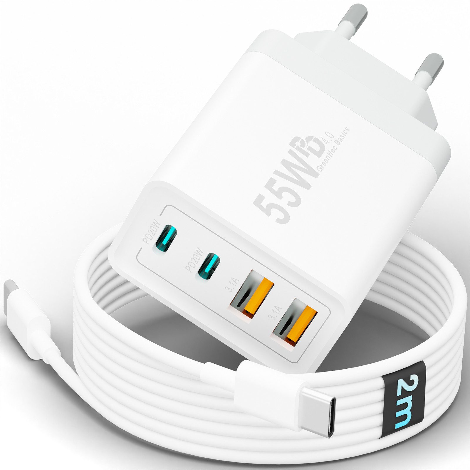 GreenHec Ladegerät USB-C iPhone mehrfach Schnell Handy Adapter Netzteil + Kabel Schnelllade-Gerät (0 mA, Spar-Set, 55w Quatro Charger + USB-C Kabel, iPhone 17 16 15 14 13 12 Pro Max Air, 4 Multi Ports 55w 1m 2m 3m Laden)