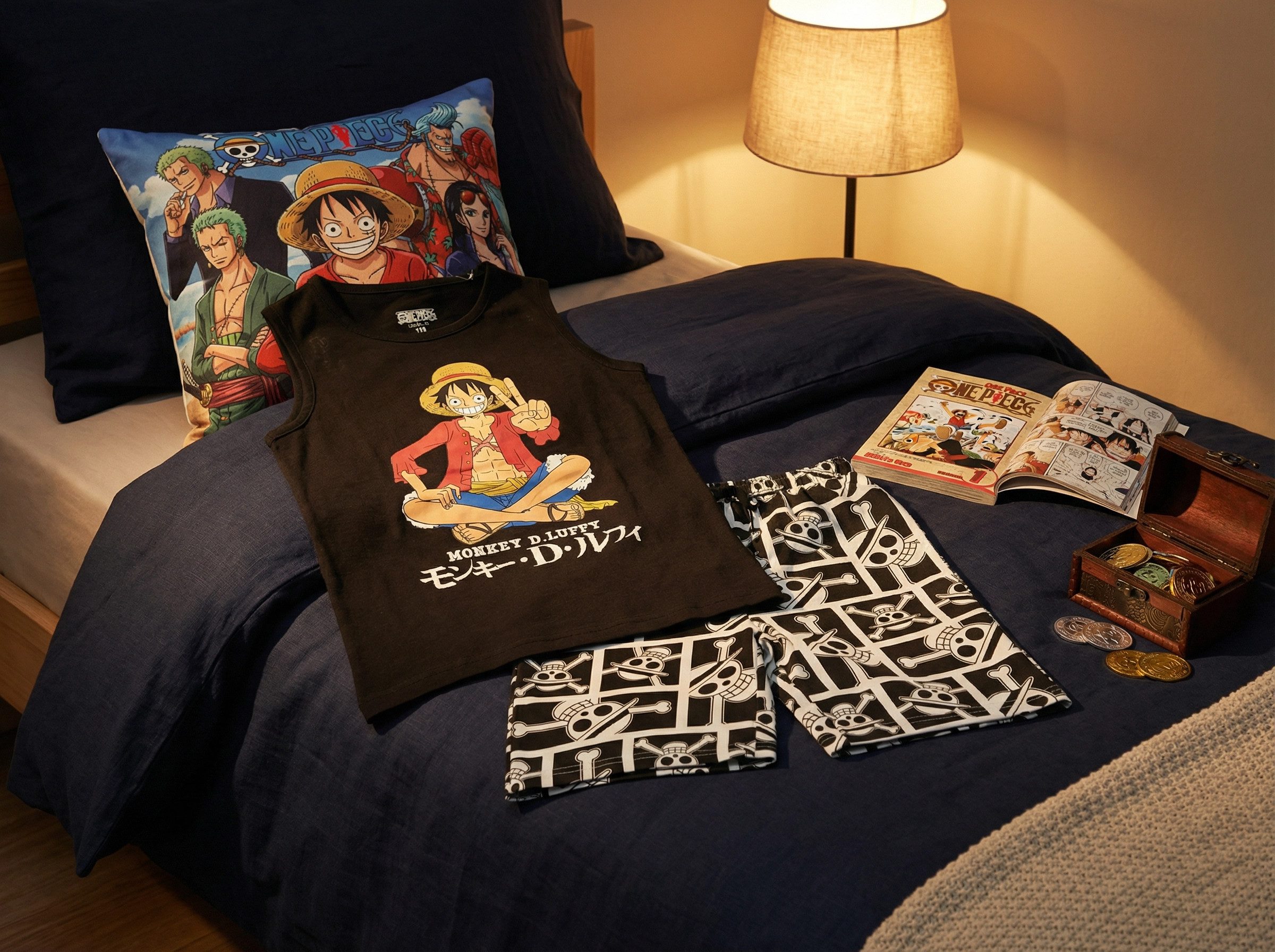 One Piece Schlafanzug Anime One Piece Ruffy Jungen Schlafanzug Pyjama Shirt Shorts (2 tlg) 100% Baumwolle, Gr. 140 bis 164