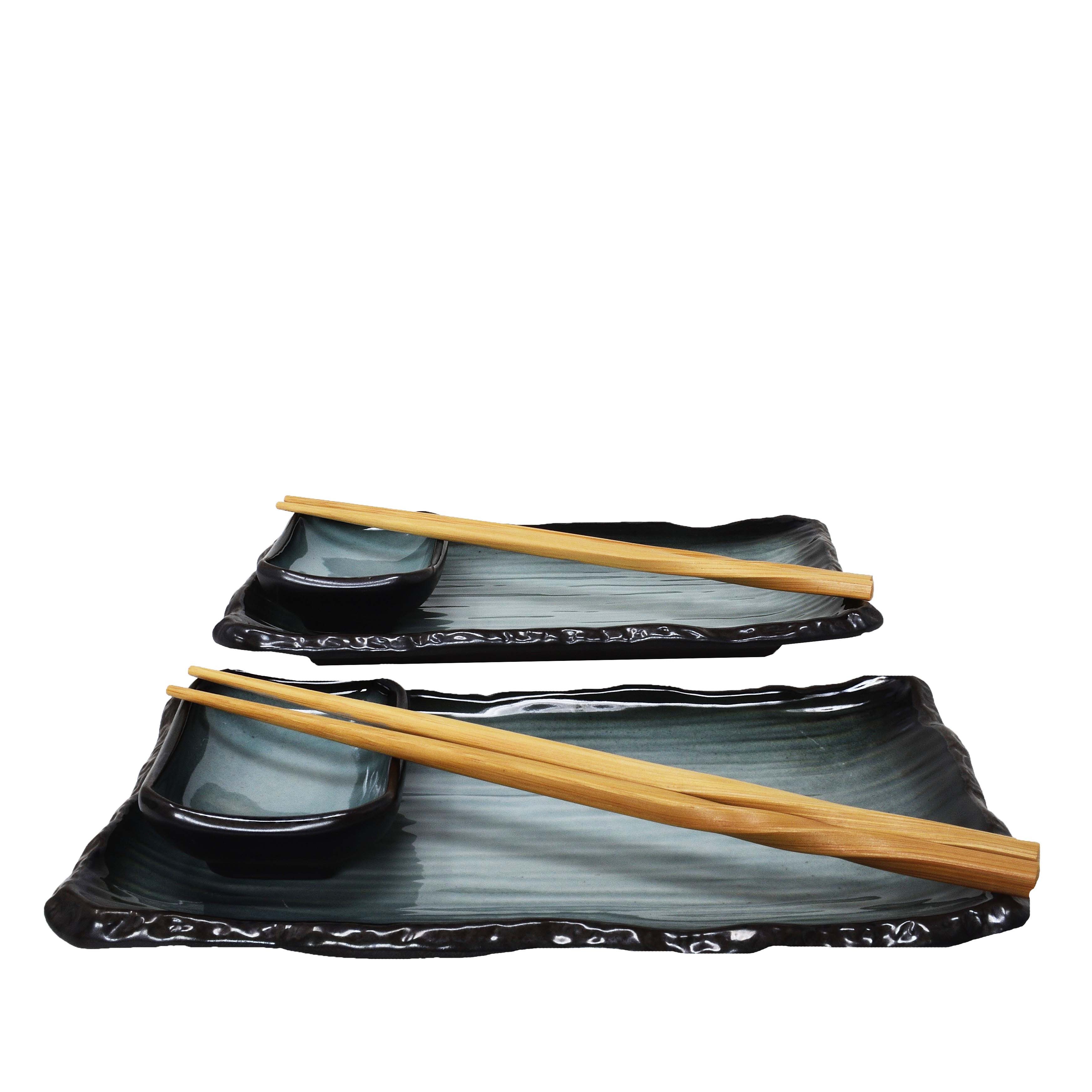 MystiCalls Sushiteller Sushi Geschirr Set für 2 Personen blau/schwarz Platte Sushiplatte, (8 St), Spülmaschinenfest
