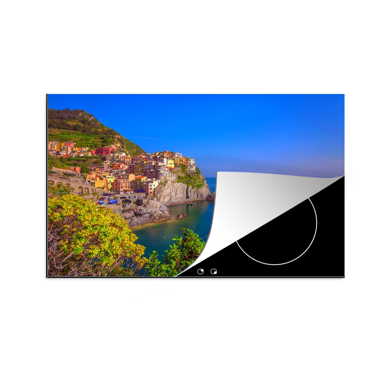 MuchoWow Herdblende-/Abdeckplatte Blauer Himmel über Cinque Terre, Vinyl, (1 tlg), 83x51 cm, Ceranfeldabdeckung, Arbeitsplatte für küche