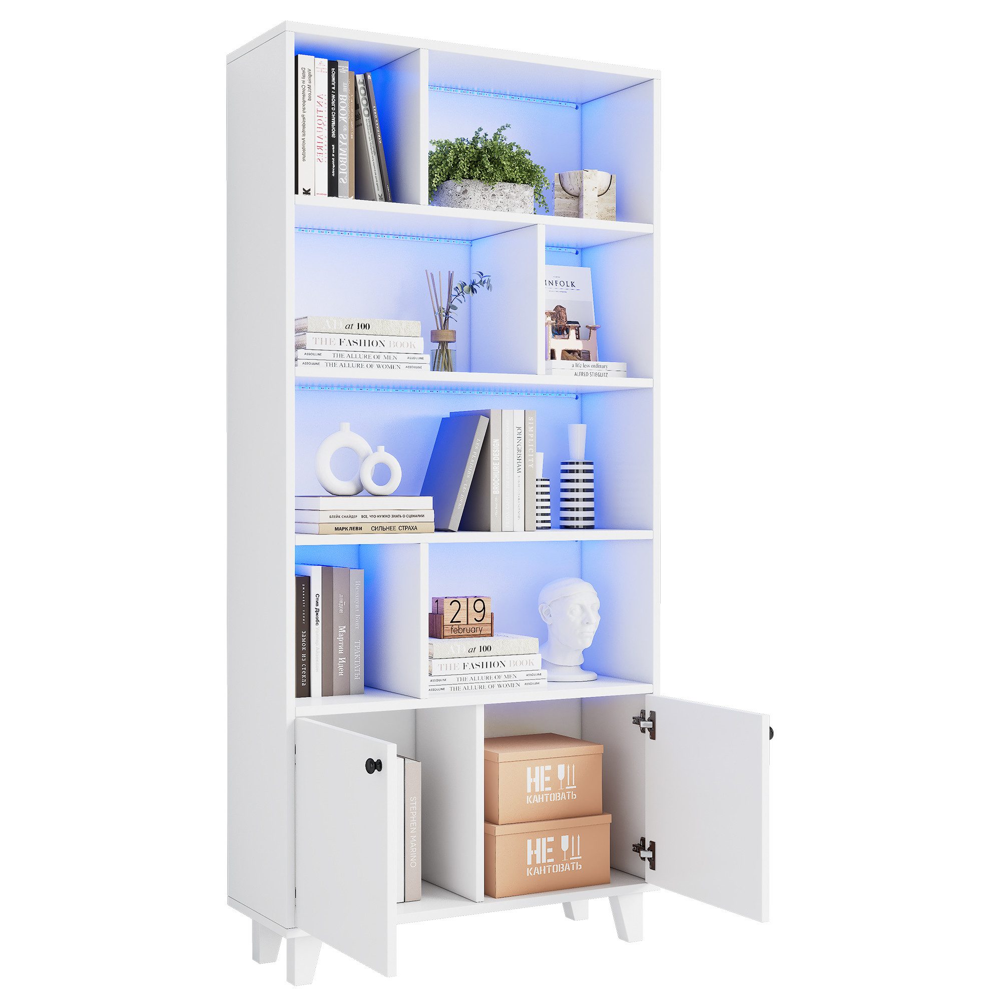 i@home Bücherregal Regal,braun /weiß, Packung set, mit LED-Farbwechsellicht und Fernbedienung,80x30x173cm