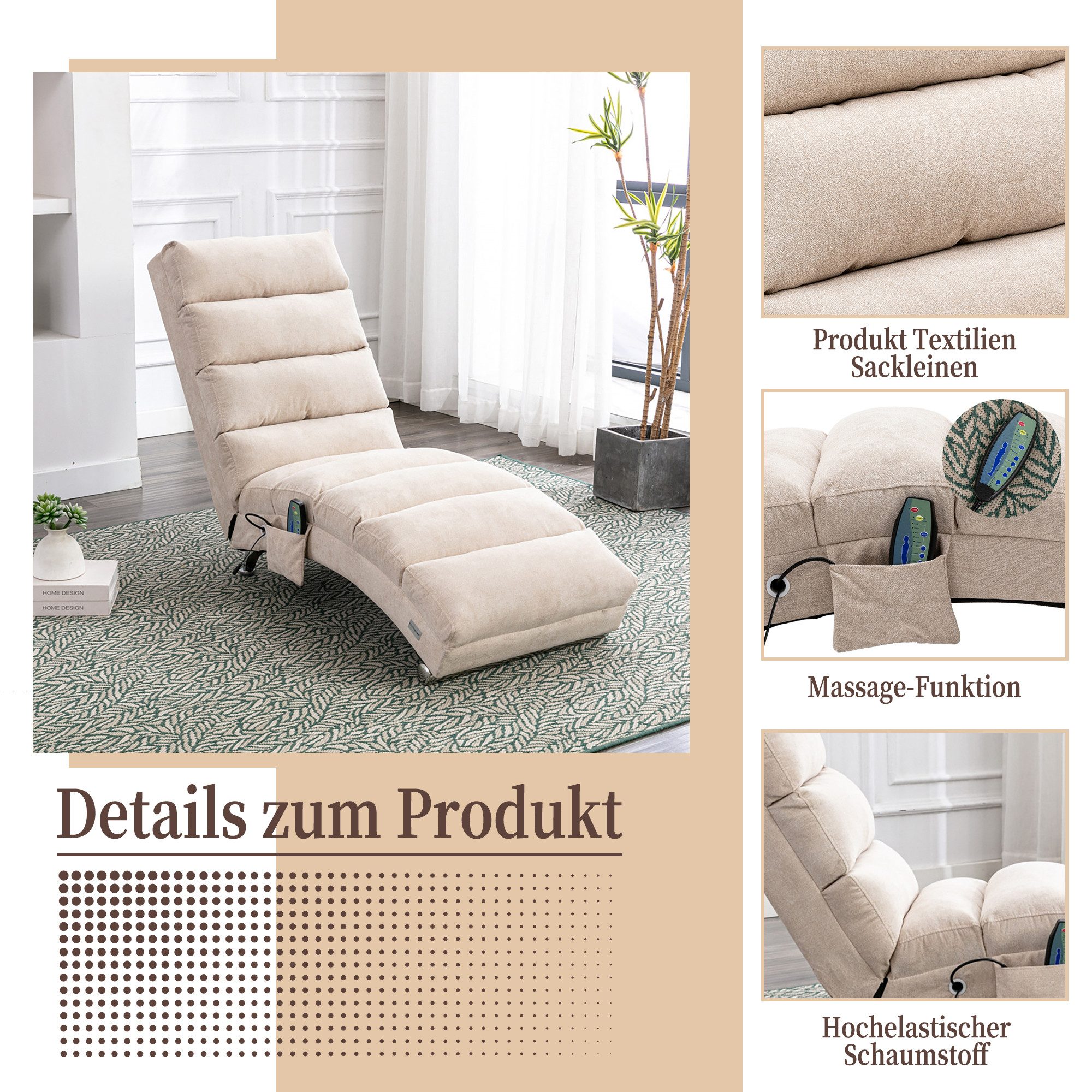 Totnz Relaxliege mit Massagefunktion, Leinenbezug, ergonomische Rückenlehne 140°, gepolstert mit Knopfheftung, Seitentasche, stabiler Holzrahmen & Stahlbeine