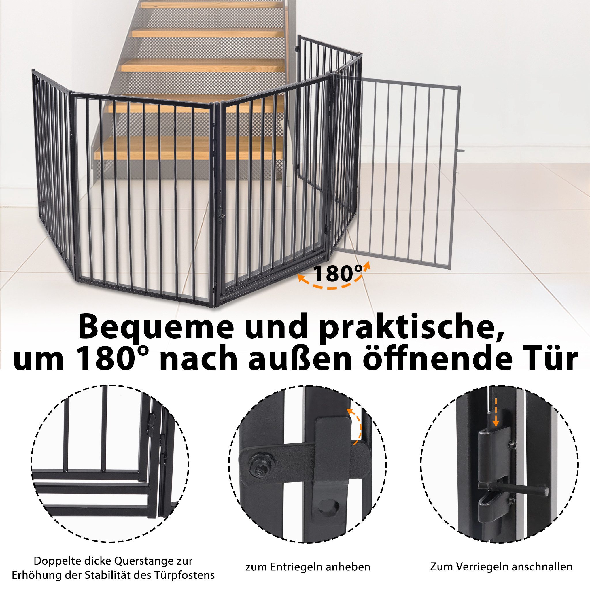 FIVMEN Kamingitter Haustiere Schutzgitter Schutzgitter Metall Türschutzgitter mit Tür, Absperrgitter für Kinderzaun, Haustierzaun, Schwarz – Bild 4 von 5