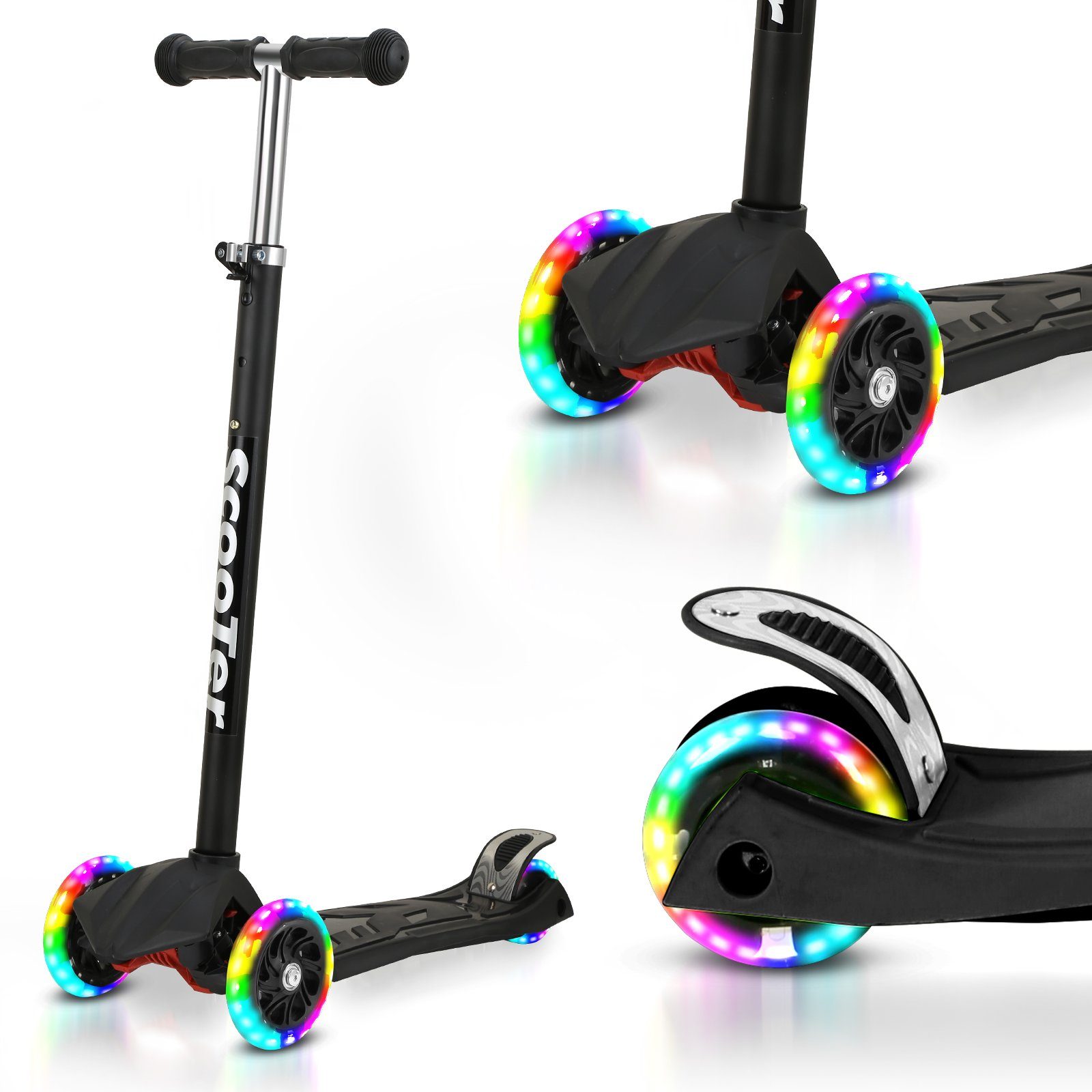 Lospitch Scooter Kinderroller Tretroller LED-Räder bis 50 kg Höhenverstellbar Schwarz