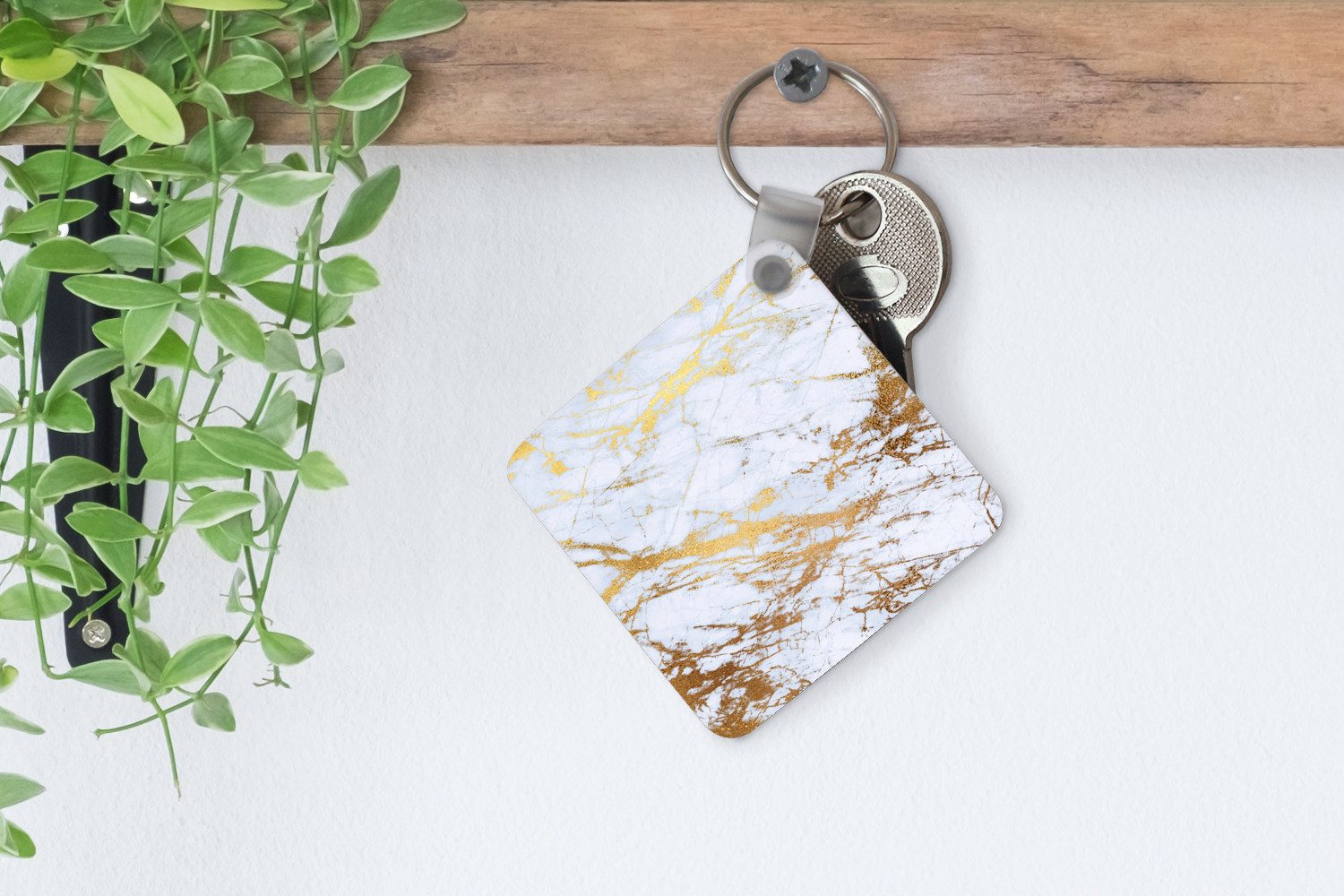 MuchoWow Schlüsselanhänger Marmor - Gold - Weiß - Luxe - Marmoroptik - Glitzer, Quadratisch, Accessoire Auto / Haus / Rucksack / Handtasche, 5x5 cm