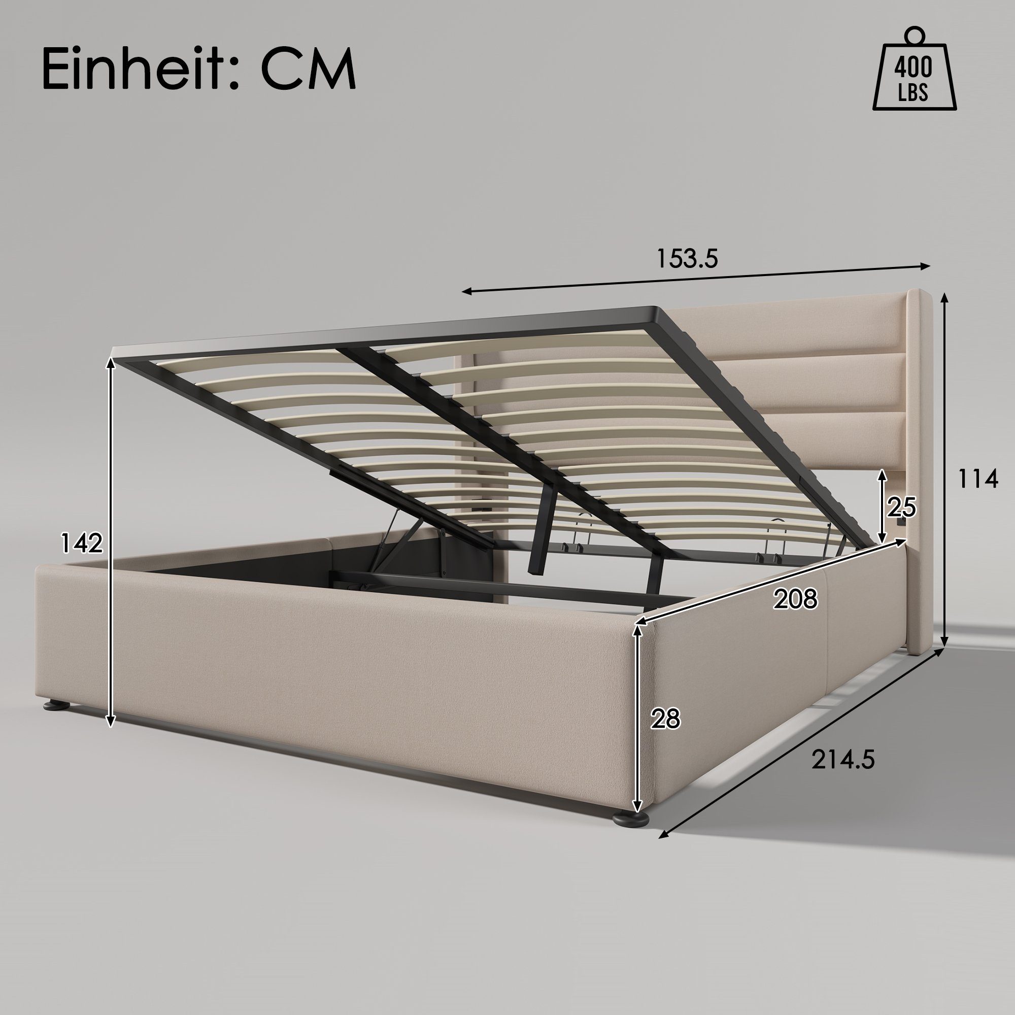 Boxspringbett (Funktionsbett, Doppelbett Hydraulisches Bett mit Lattenrost und Matratze), Polsterbett Stauraumbett 140x200 cm, Lattenrost aus Holz, Leinen