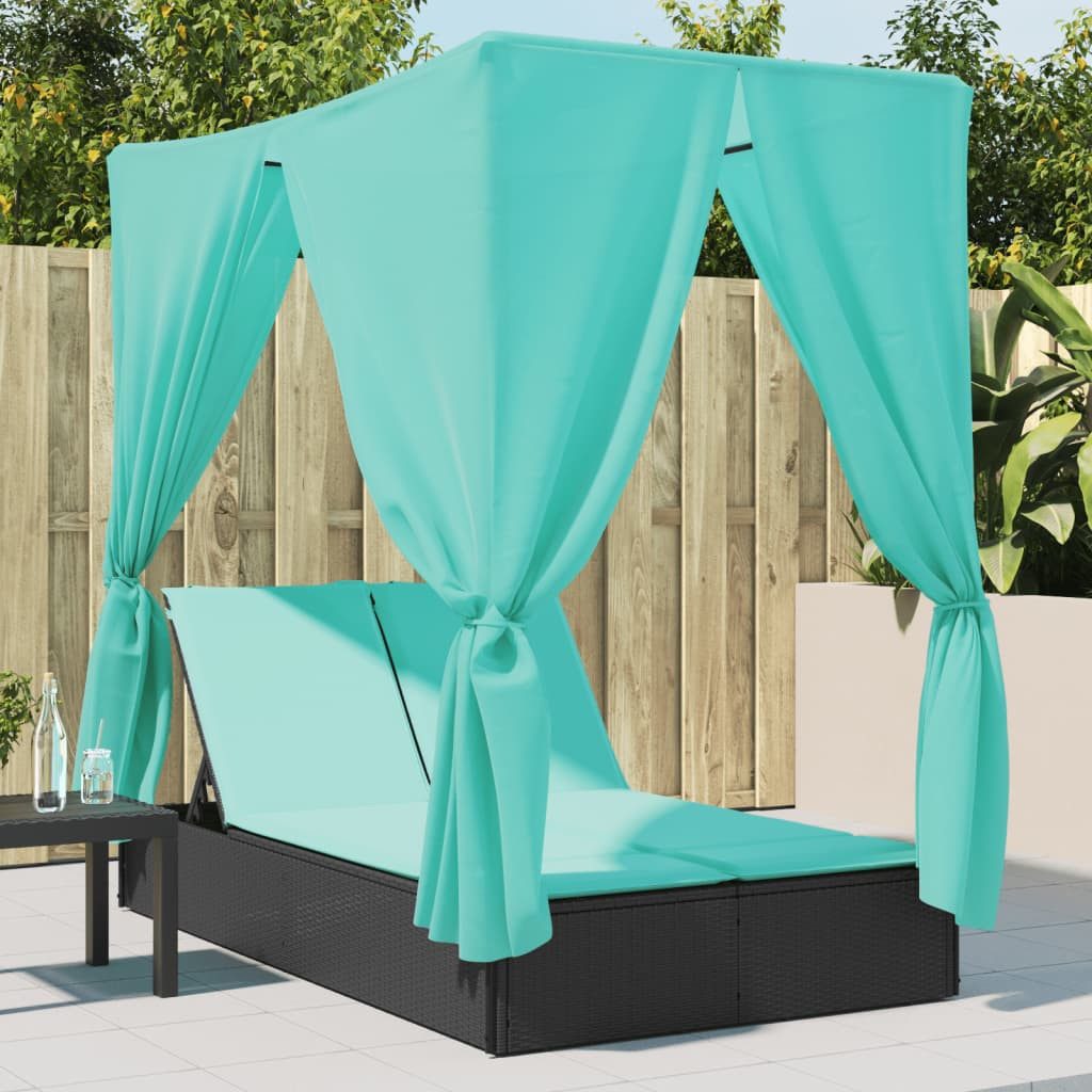 vidaXL Gartenliege Doppel-Sonnenliege mit Dach und Vorhängen Schwarz Poly-Rattan, 1 St.
