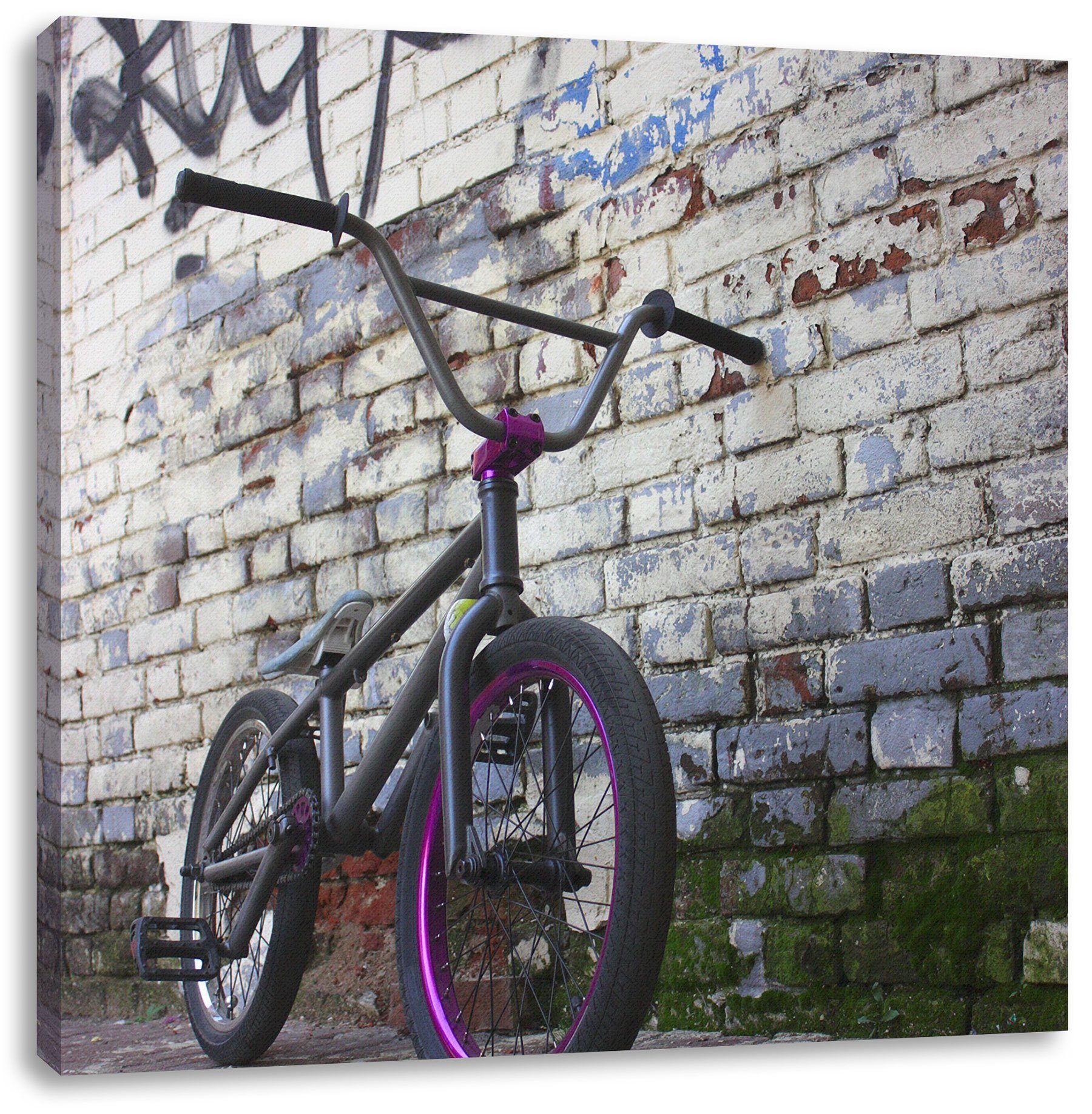 Pixxprint Leinwandbild St), vor Fahrrad Fahrrad vor inkl. (1 Graffitiwand Zackenaufhänger Graffitiwand, Leinwandbild fertig bespannt