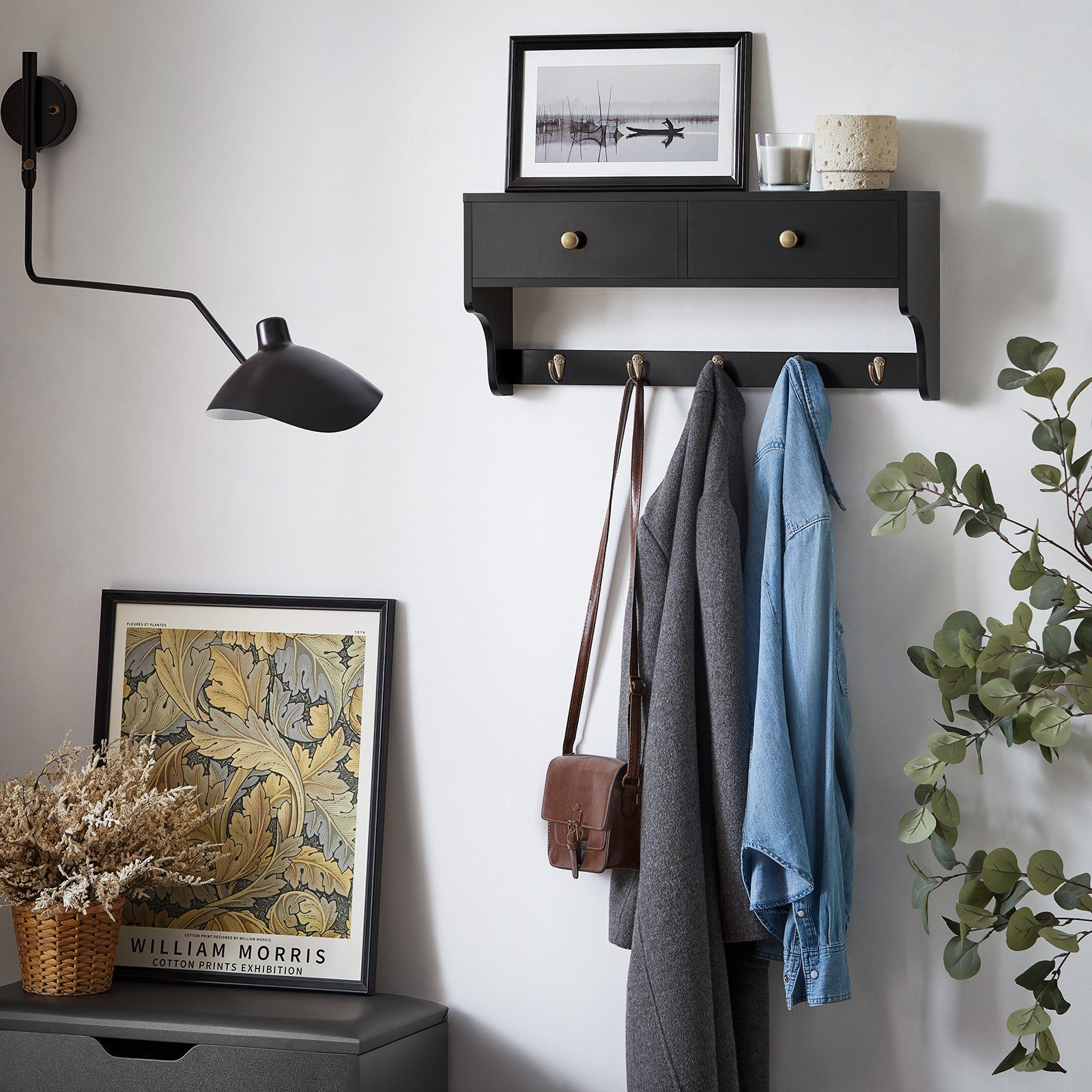SoBuy Wandgarderobe FRG178, Schweberegal für Wohnzimmer, Schlafzimmer, Küche, Wandschrank Wandregal Hängeregal mit 2 Schubladen und 5 Hake
