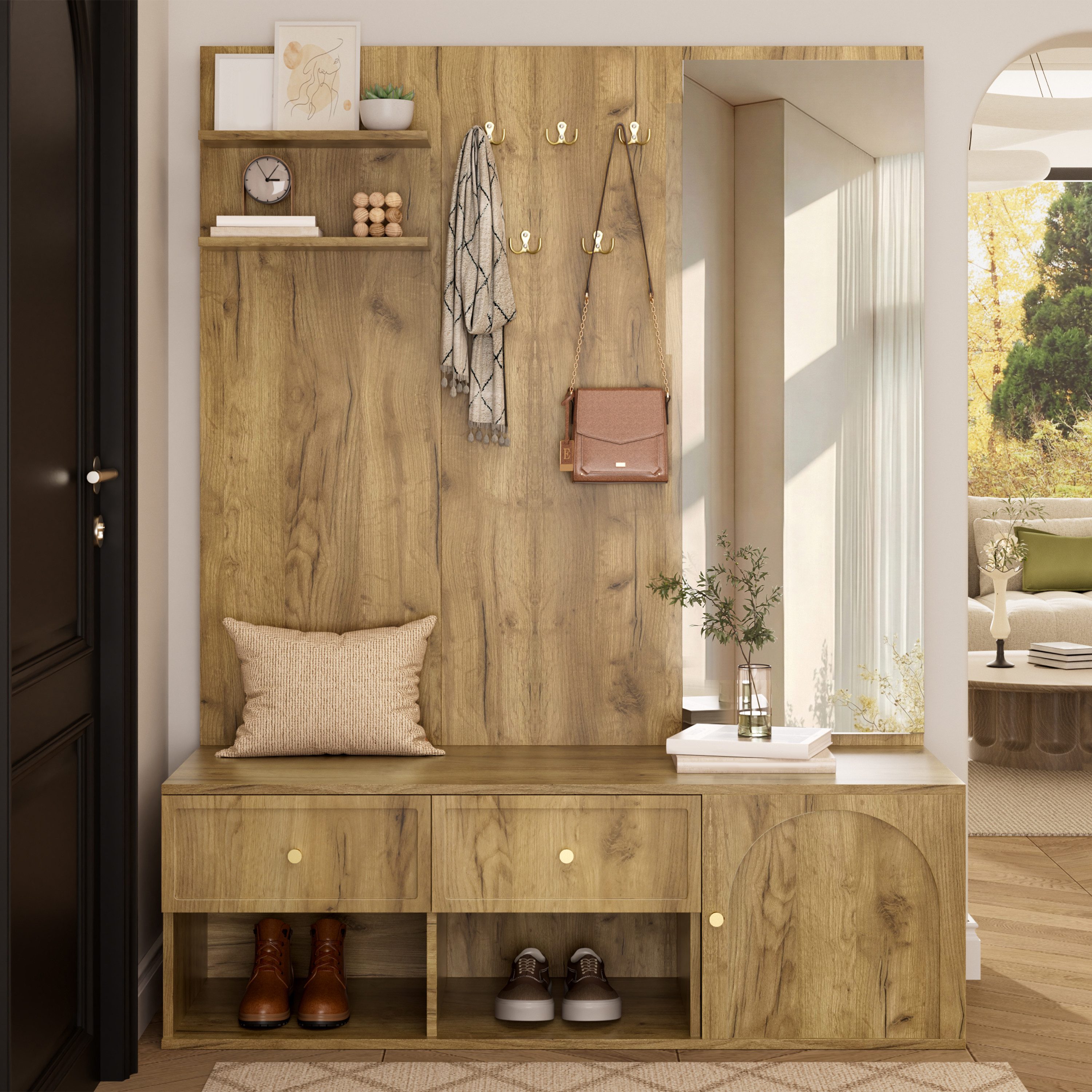 i@home Wandgarderobe Garderobenset für den Flur, Wandgarderobe mit Schublade, inklusive Spiegel und Schuhbank, Holzoptik, 120 × 35 × 159 cm
