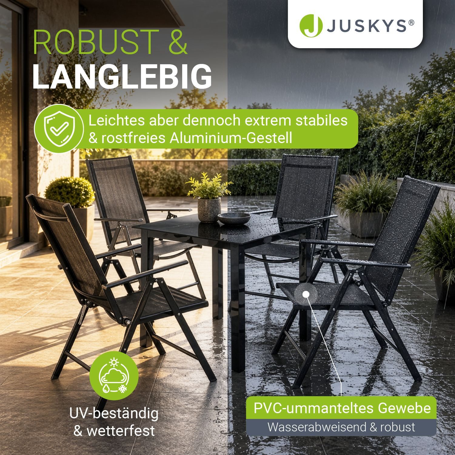 Juskys Garten-Essgruppe Milano, (5-tlg), 4 Gartenstühlen plus Tisch - Stühle klappbar und verstellbar