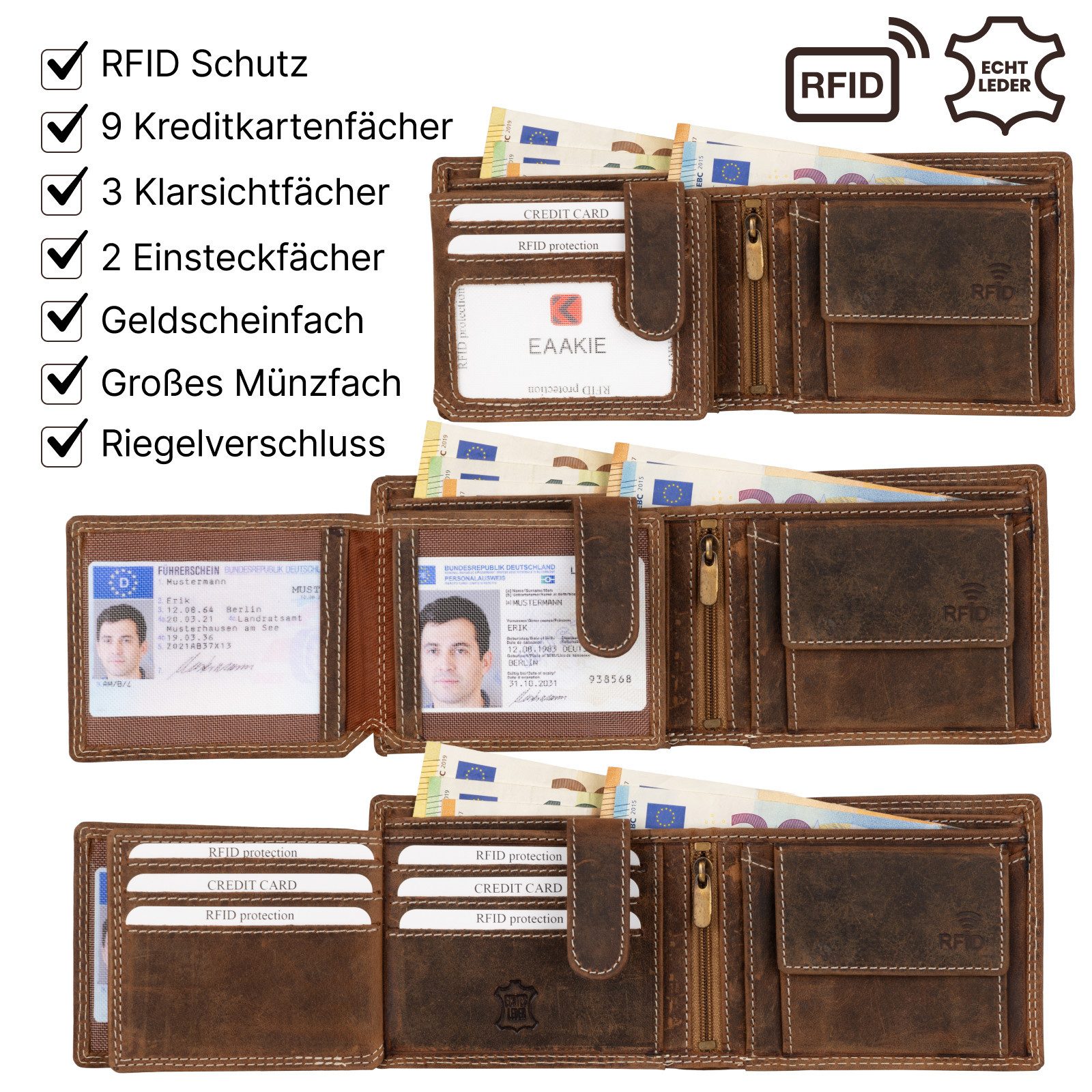 EAAKIE Geldbörse RFID Büffel Echt Leder Geldbörse Portemonnaie Herren mit Motiv, RFID Schutz
