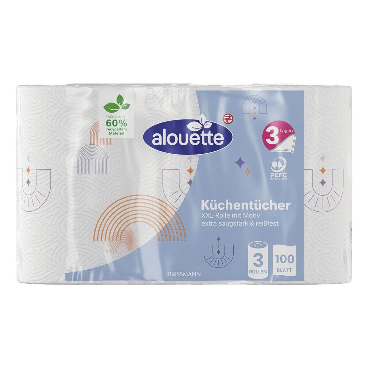 alouette Papierküchenrolle (3-St), XXL mit Motiv-Druck, 3-lagig, 3 Rollen à 100 Blatt