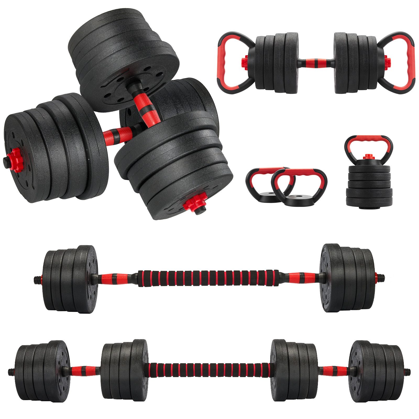 TEENO Hantel-Set 6‑in‑1‑Hantel‑Set für Heim‑Fitness, Verstellbare Gewichte, 30 kg, mit Kugelhanteln, Langhanteln, Liegestütz-Rack