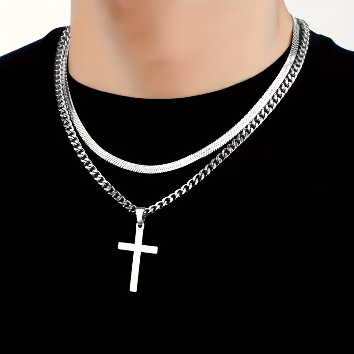 KARMA Ketten-Set Halskette 2er Set Herren Kreuz Schlangenkette (Herrenhalskette Edelstahlkette, 2-tlg., Herrenschmuck Kreuzkette Männer), Herren Silber od. Schwarz 60 cm