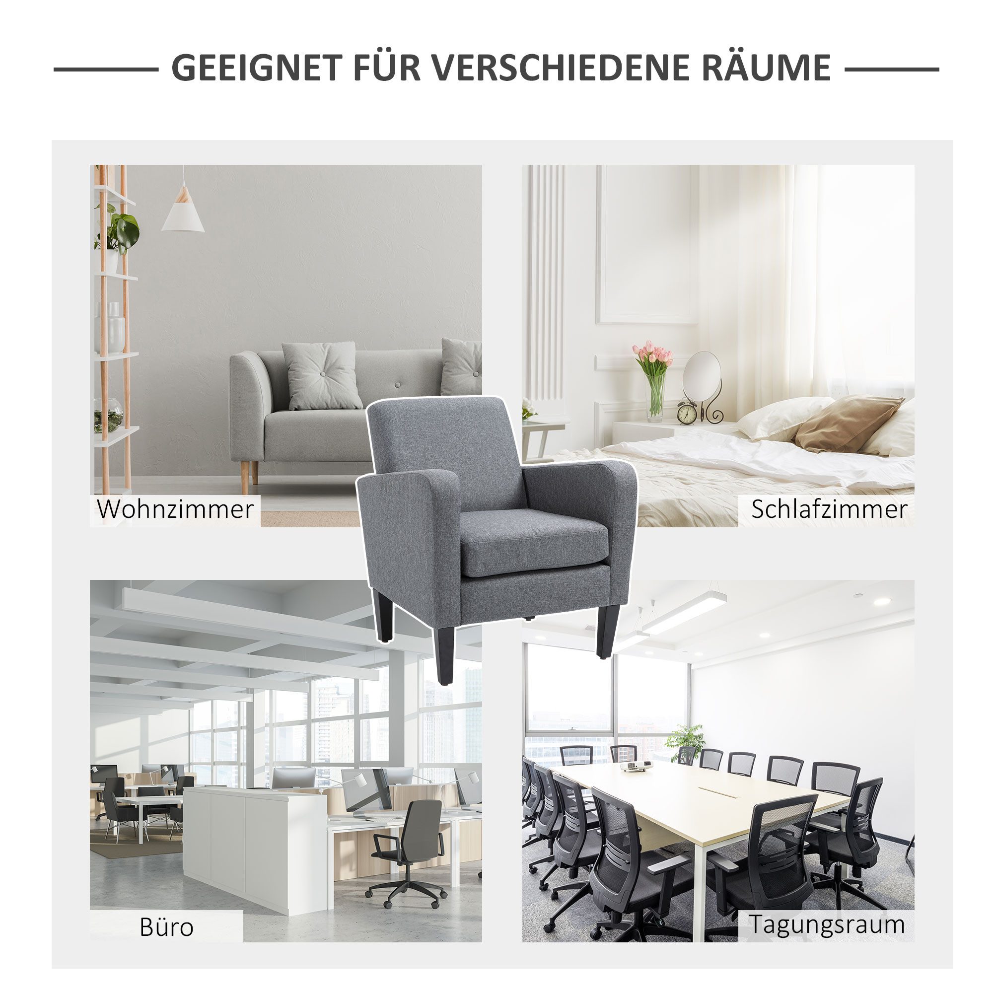 HOMCOM Sessel Loungesessel mit Armlehnen, Relaxsessel mit Kissen (Polstersessel, 1-St., Einzelsessel), Leinenstoff Hellgrau 66 x 72 x 74 cm – Bild 4 von 5