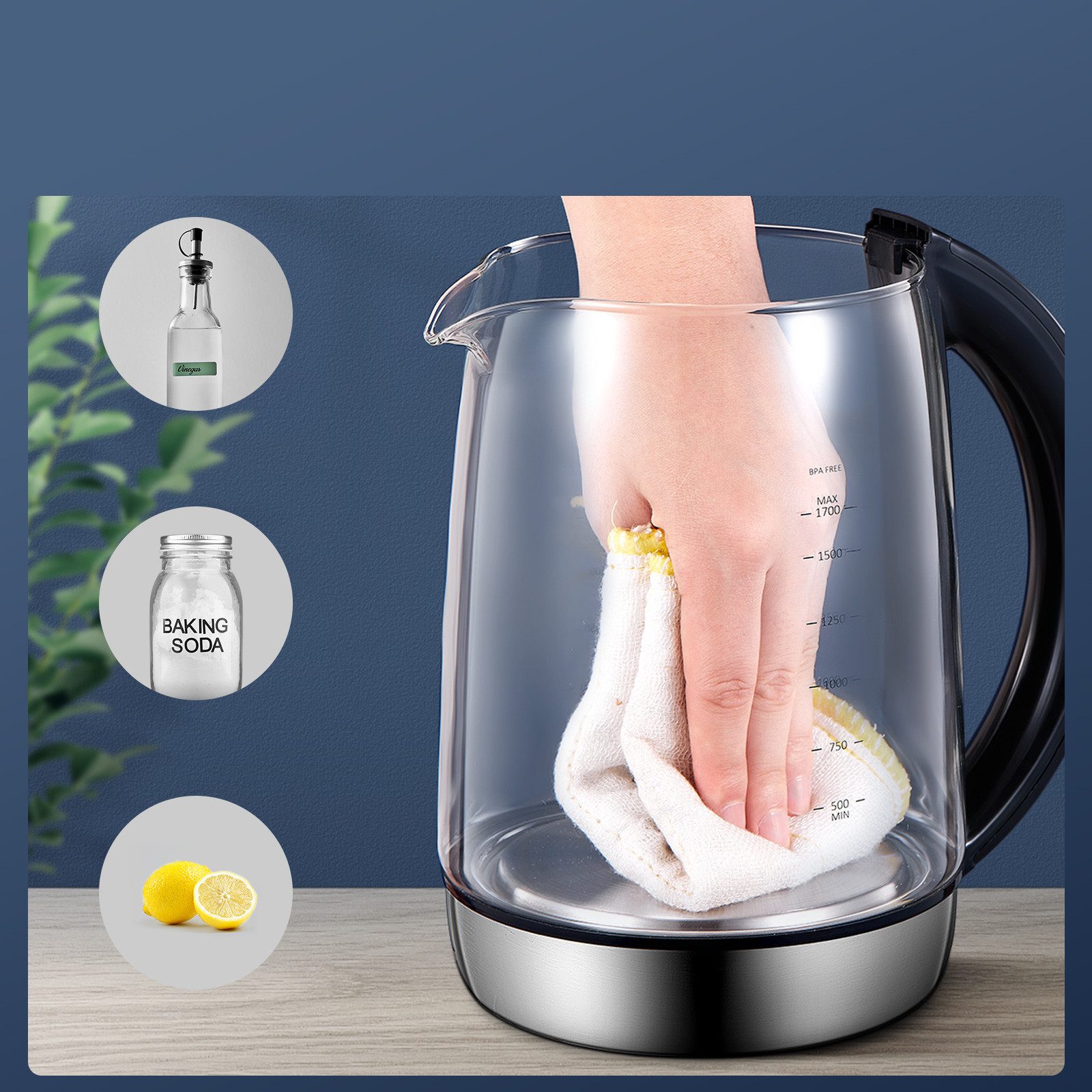 FOHERE Wasserkocher aus Glas und Edelstahl, mit Temperaturregler und Sockel, 1,7 l, 2200 W, 40 °C – 100 °C, 2 Stunden warmhalten