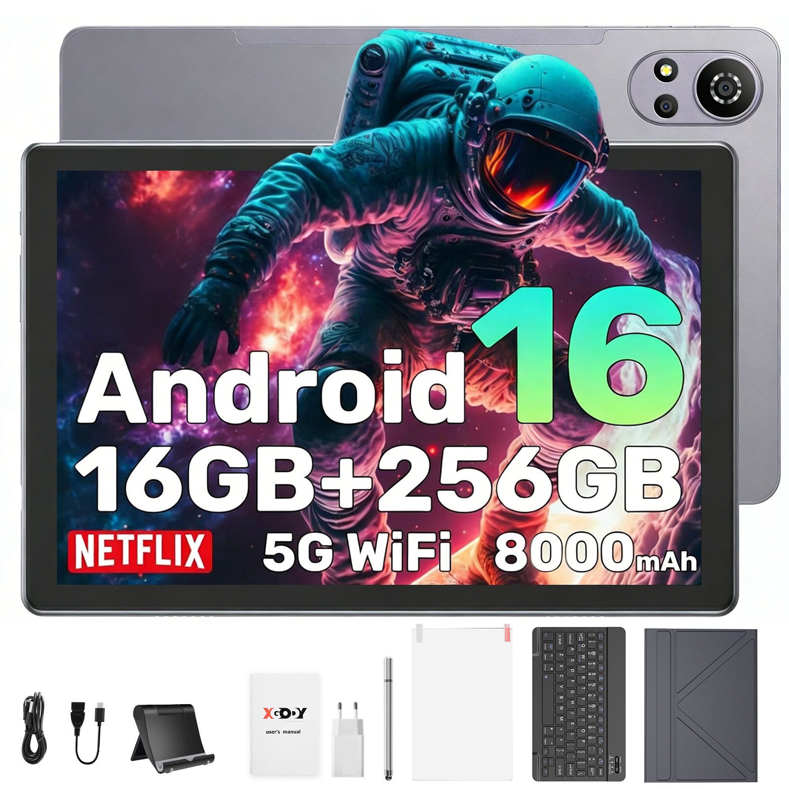 XGODY 2026 Neu Tablet Android 16(24GB+256GB) 8000 mAh Akku WIFI Tablet (10.1", 256 GB, Android 16, 4G (LTE) , 2SIM WlFl IPS, Octa-Core HD Display, WidevineL1/OTG/GPS/Dual Speaker)