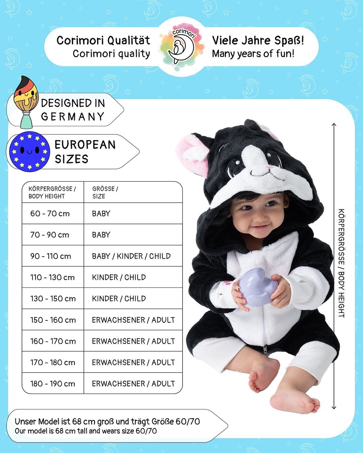 Corimori Strampler Flauschiges Karneval für Fasching, Verkleidung, Katzen-Kostüm (1-tlg) Katze, schwarz-weiß, Babies, Neugeborene