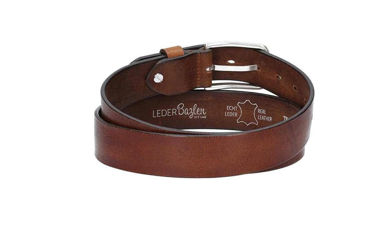 Leder Bazlen Ledergürtel Cognac 35mm mit Dornschließe in Silber (LB1161B35-640, 1-St) sehr weiches Vollrindleder
