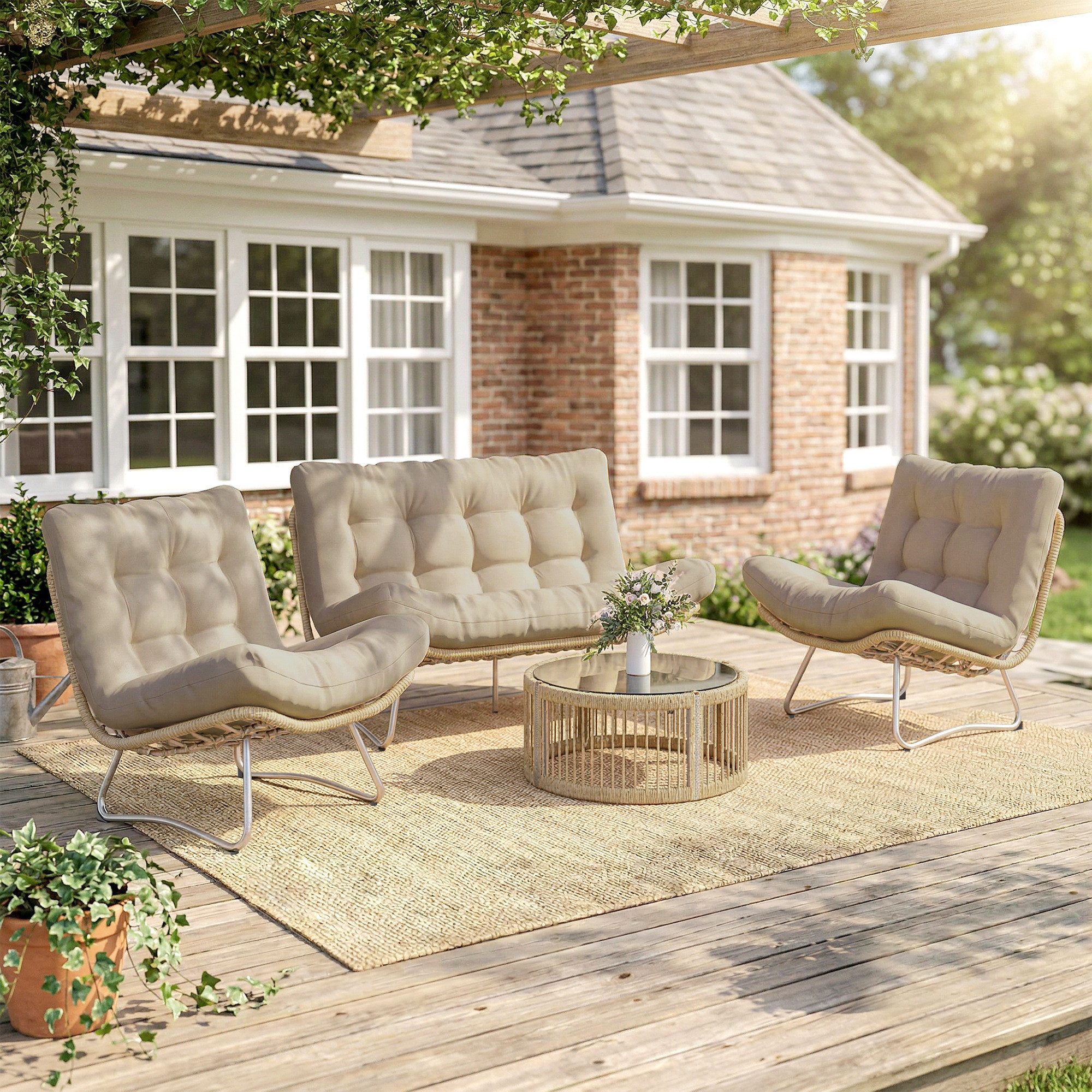 Outsunny Sitzgruppe mit Zweisitzer, 2 Sessel, Glastisch, Breitem & Tiefem Sitz, Kissen, (Lounge-Set, 4-tlg., Gartenmöbel Set), für Garten Balkon Braun
