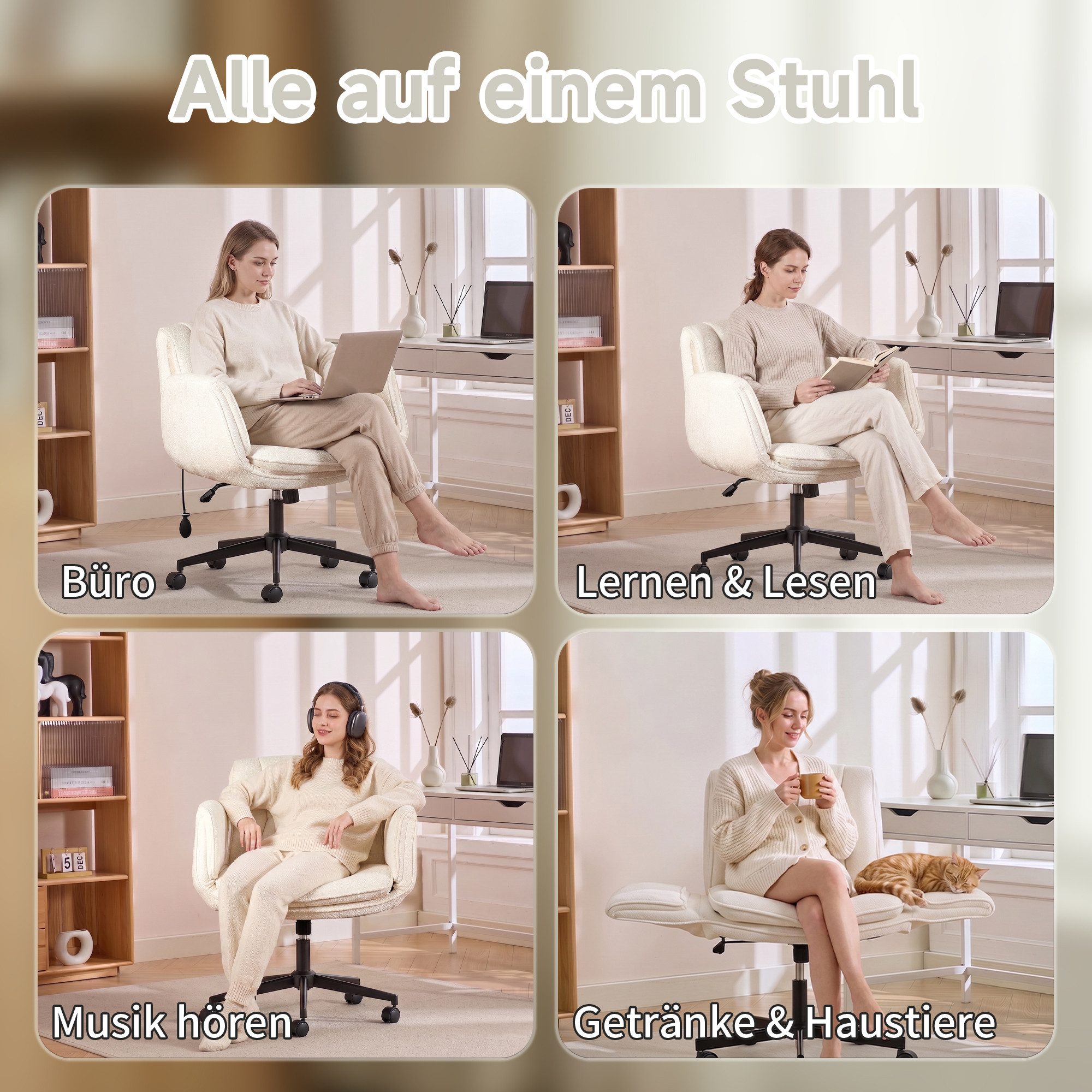 Vankel Drehstuhl Bürostuhl ergonomisch mit breitem Sitz & 5-fach Armlehnen, Schreibtischstuhl mit Chenille-Bezug, Rollen & 150 kg – Bild 4 von 5