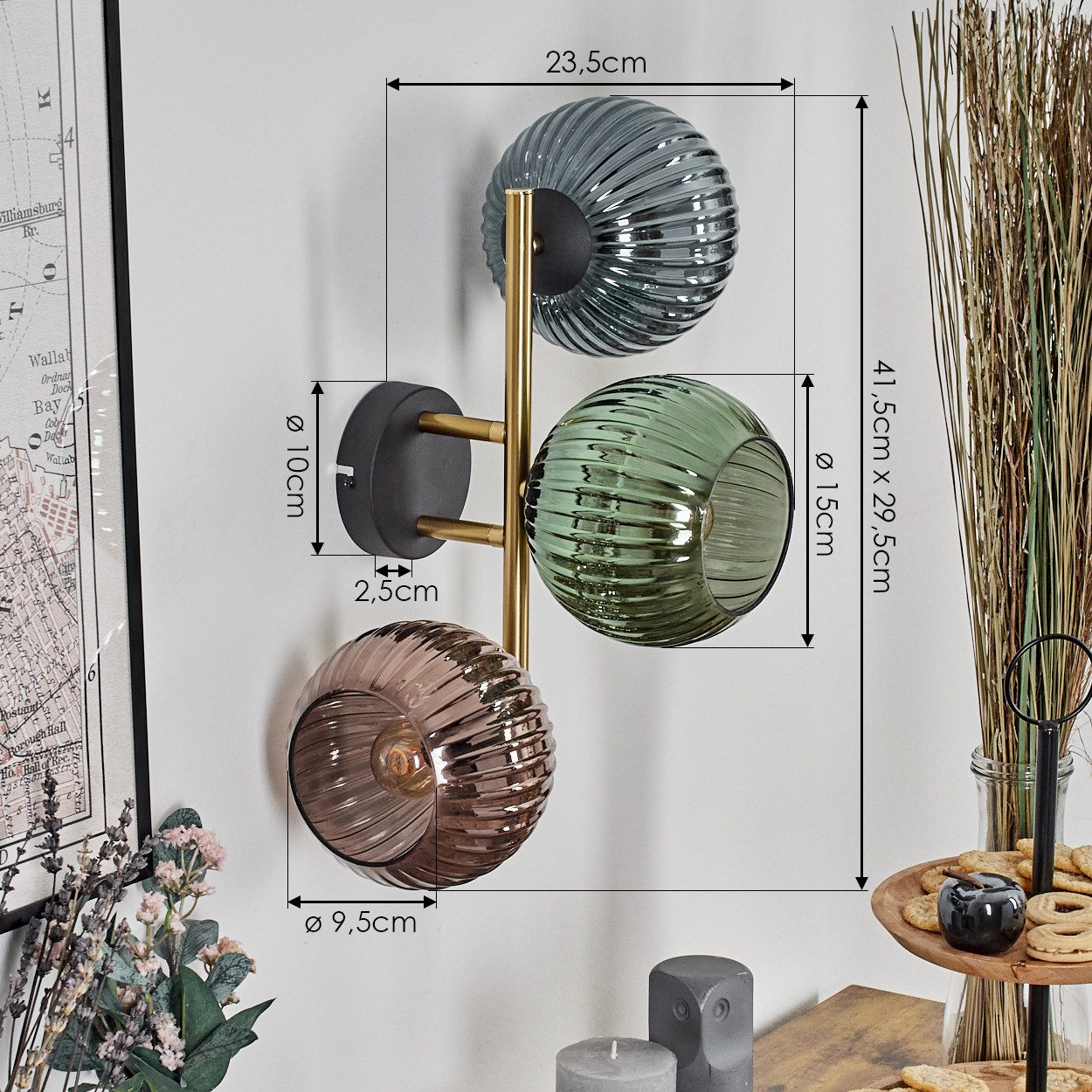hofstein Wandleuchte Wandlampe aus Metall/Riffelglas in Schwarz/Gold/Blau/Grün/Kupfer, moderne Wandleuchte im Retro/Vintage-Design (Schirme 15 cm), E14